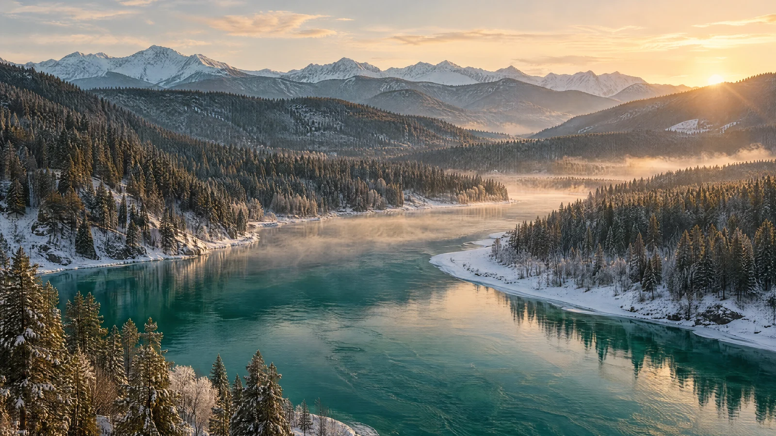 Река, заснеженный лес и горы Алтая