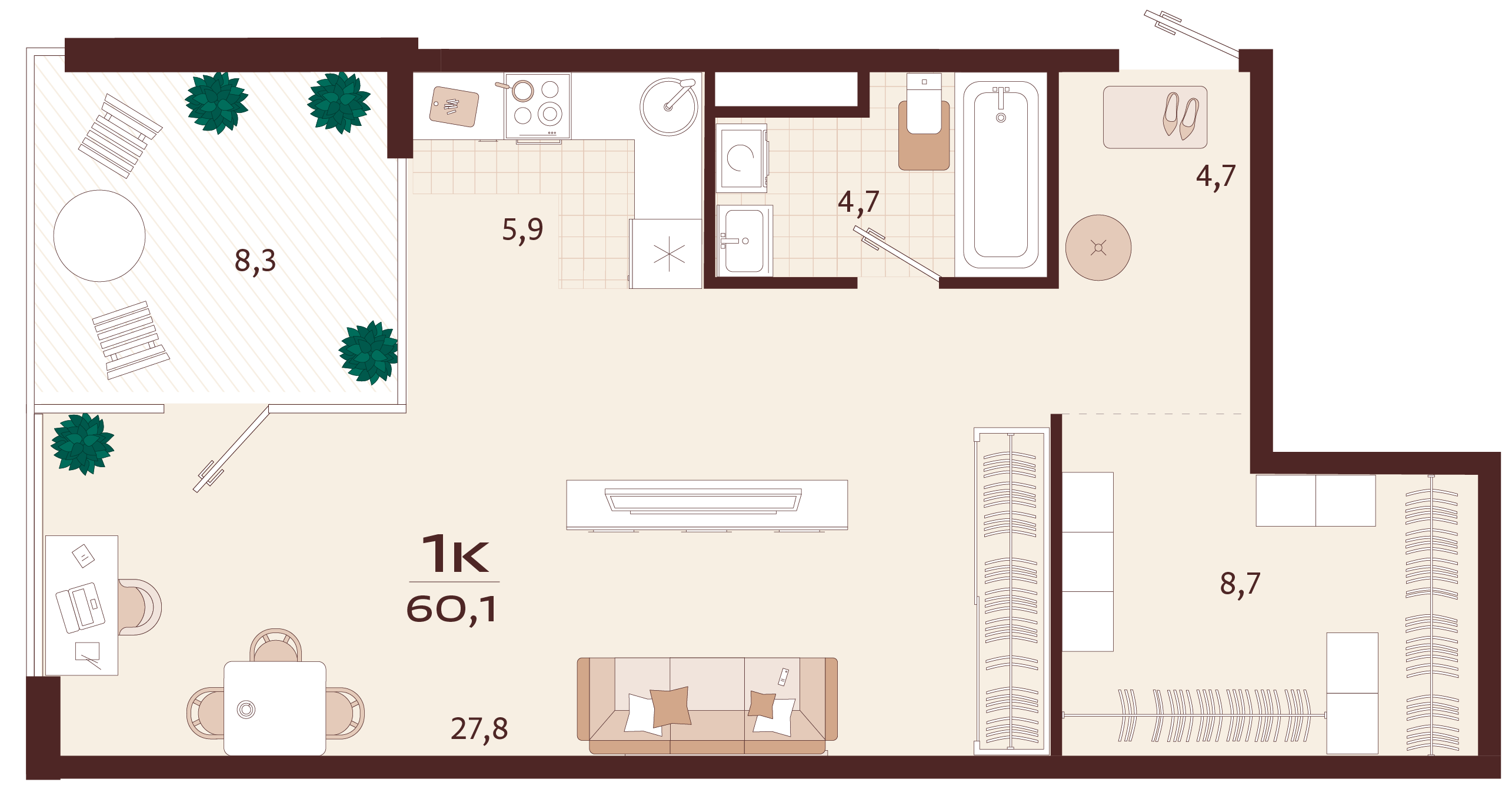Планировка: 1-комнатная в ЖК «Роялта», 56 м², №157