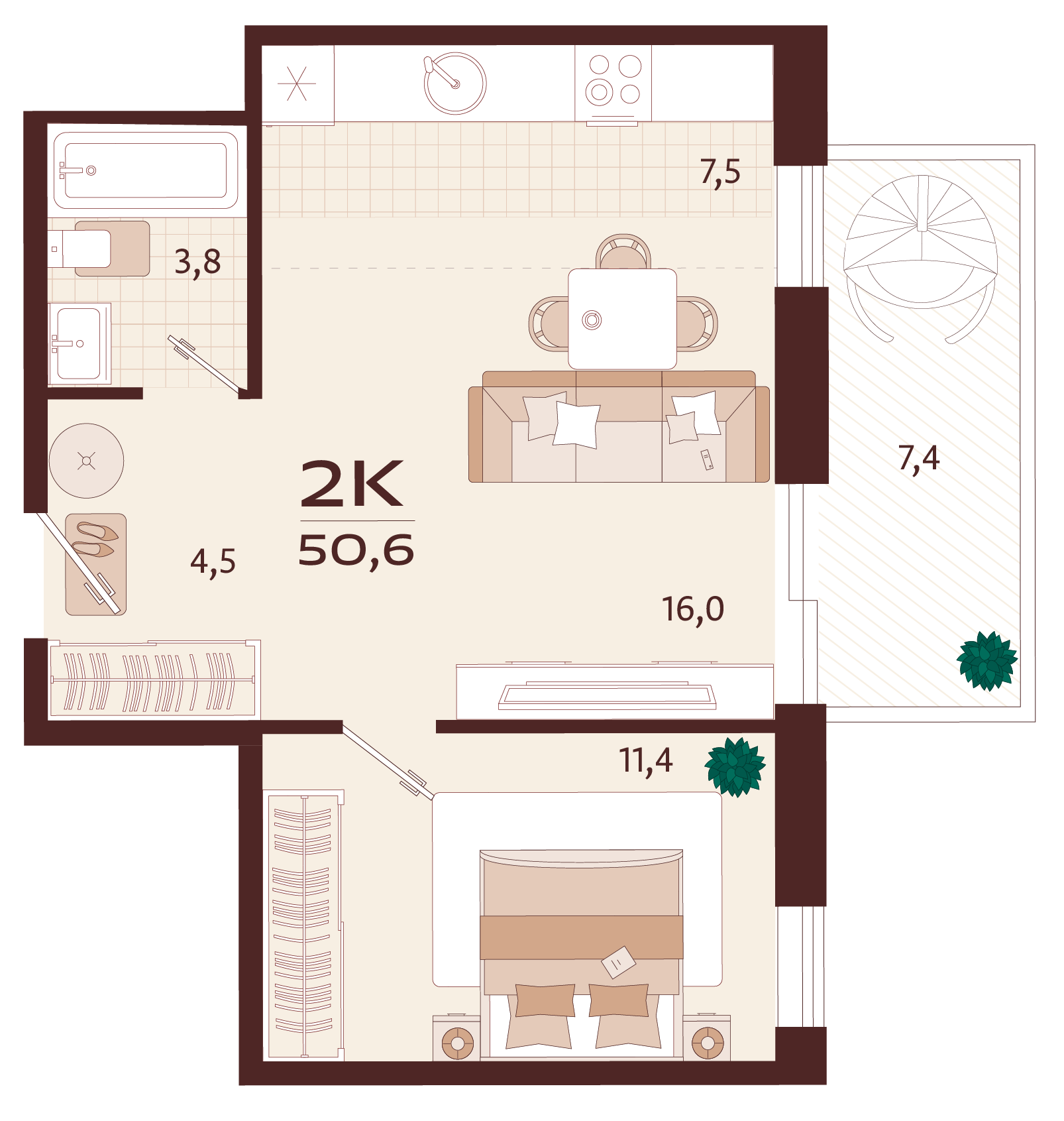 Планировка: 2-комнатная в ЖК «Роялта», 45,4 м², №2К65