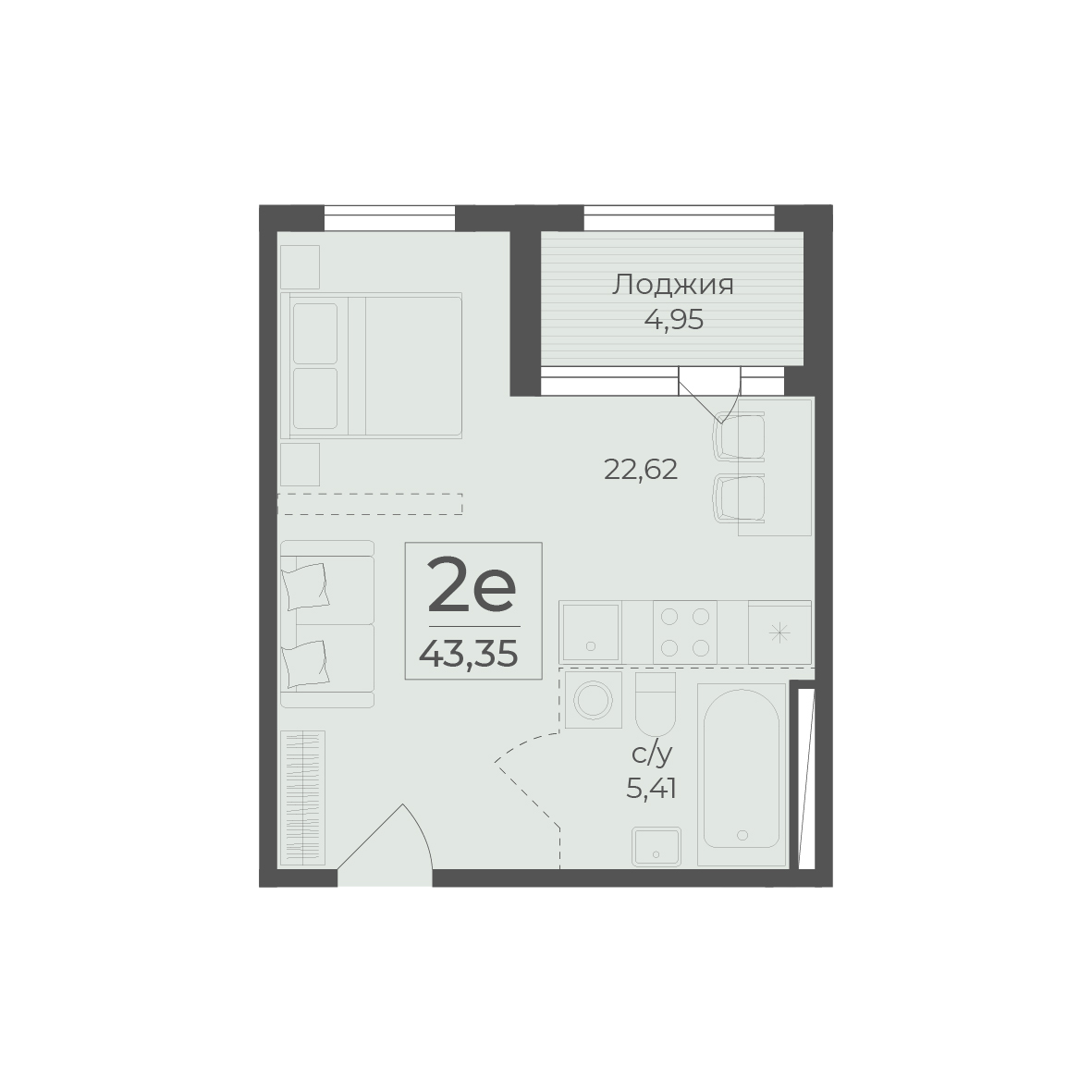 Планировка: 2-комнатная в ЖК «Botanica», 43,4 м²