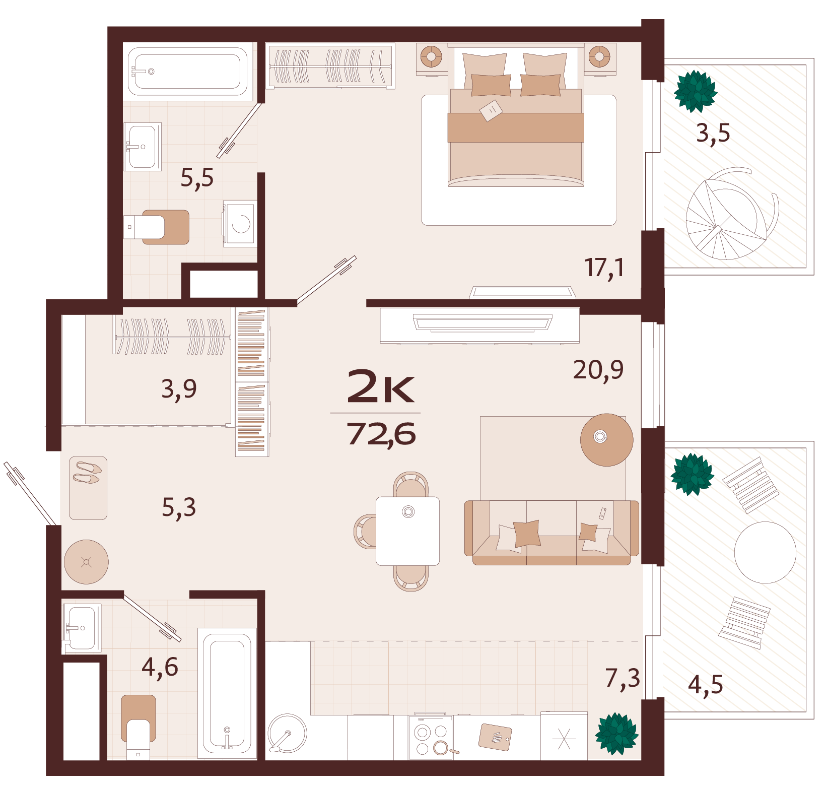 Планировка: 2-комнатная в ЖК «Роялта», 67,1 м², №43
