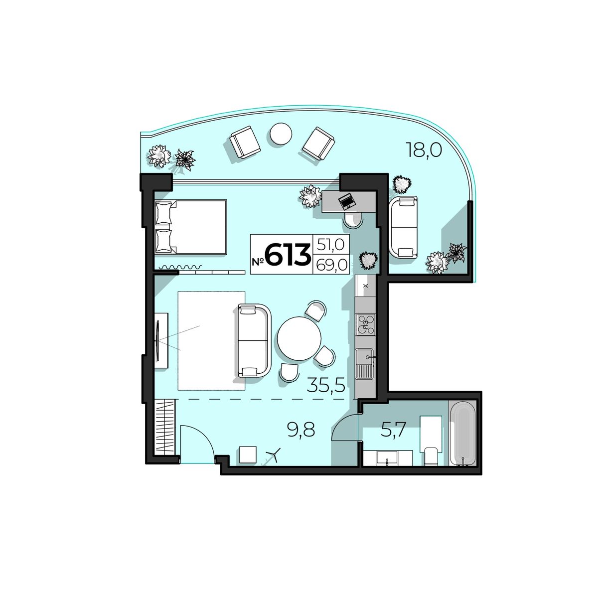 Планировка: 2-комнатная в ЖК «SkyPlaza 5.0», 69 м², №613