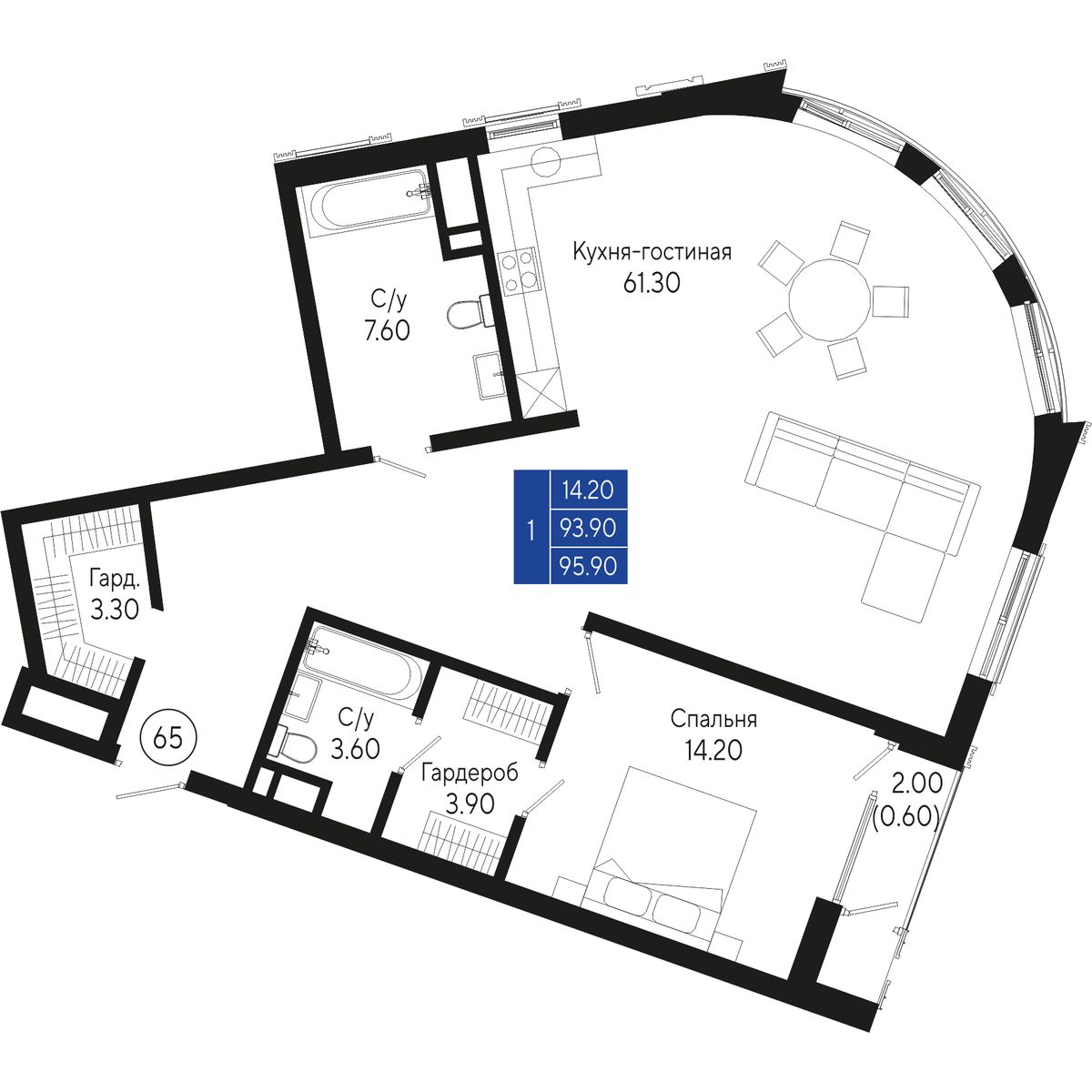 Планировка: 1-комнатная в ЖК «Кировъ», 95,9 м², №65