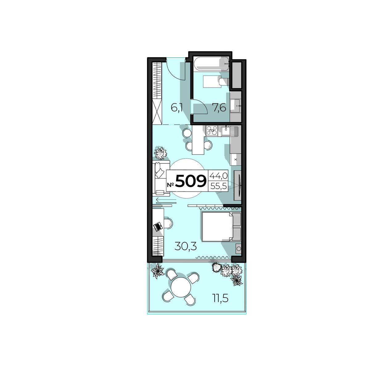 Планировка: 2-комнатная в ЖК «SkyPlaza 5.0», 55,5 м², №509