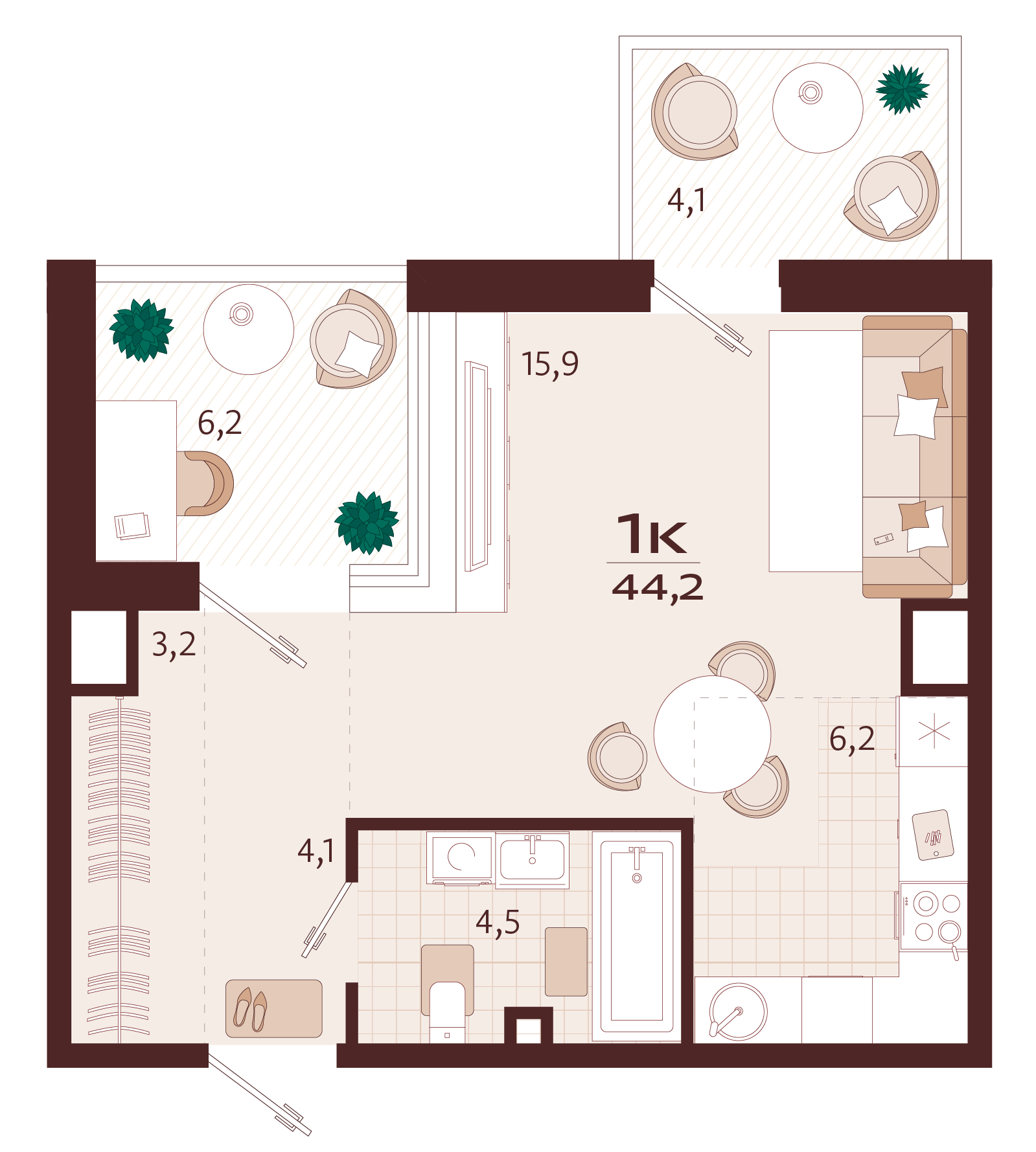Планировка: 1-комнатная в ЖК «Роялта», 38,2 м², №4К38