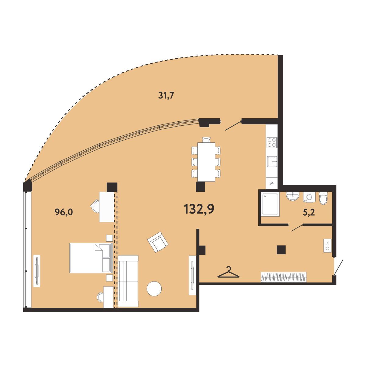Планировка: 1-комнатная в ЖК «Арт-Ялта», 132,9 м², №401
