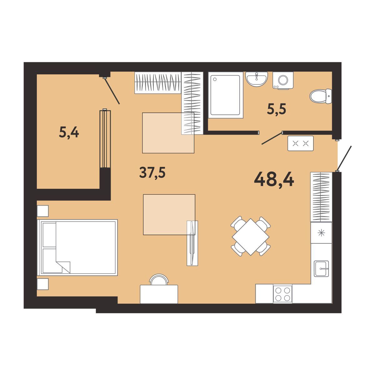 Планировка: 1-комнатная в ЖК «Арт-Ялта», 48,4 м², №721