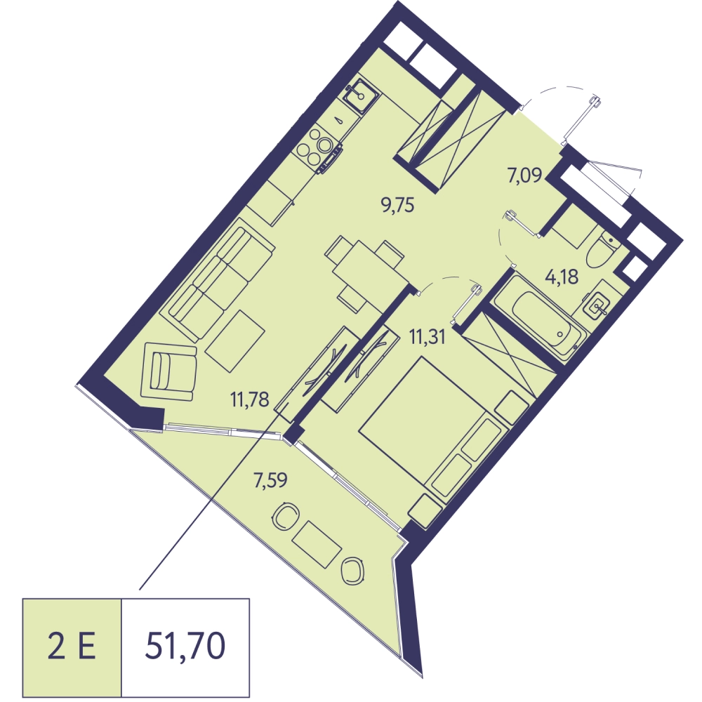 Планировка: 2-комнатная в ЖК «Новая Ливадия», 51,7 м²