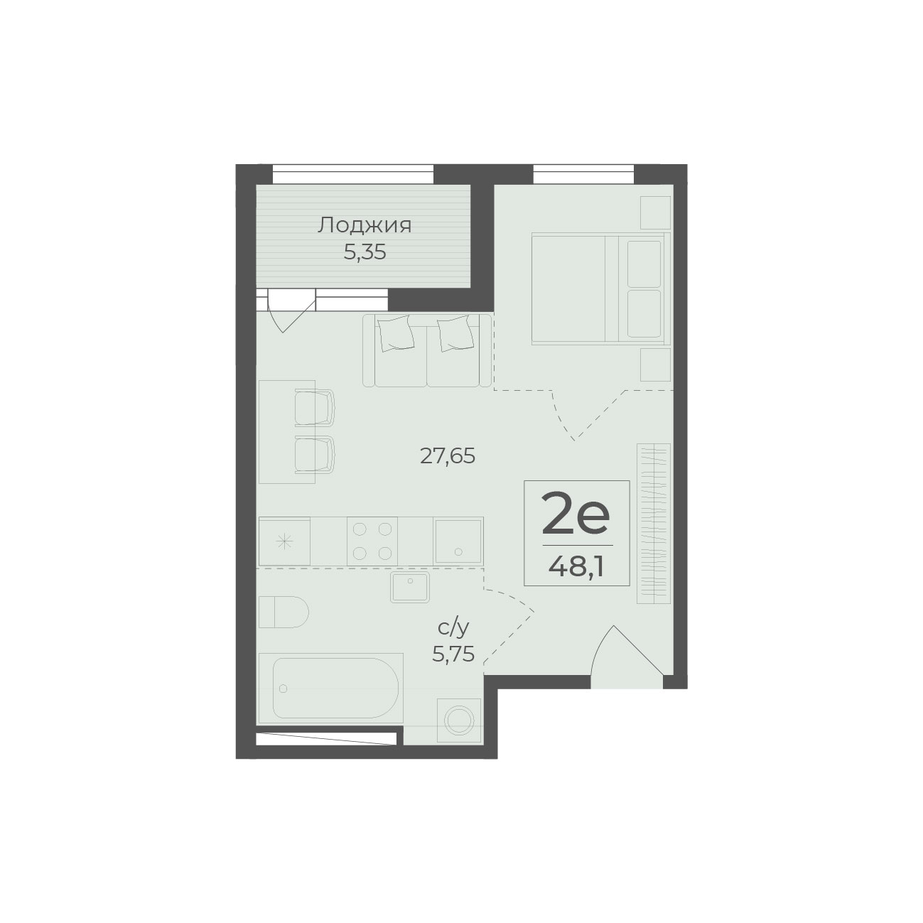 Планировка: 2-комнатная в ЖК «Botanica», 48,1 м²