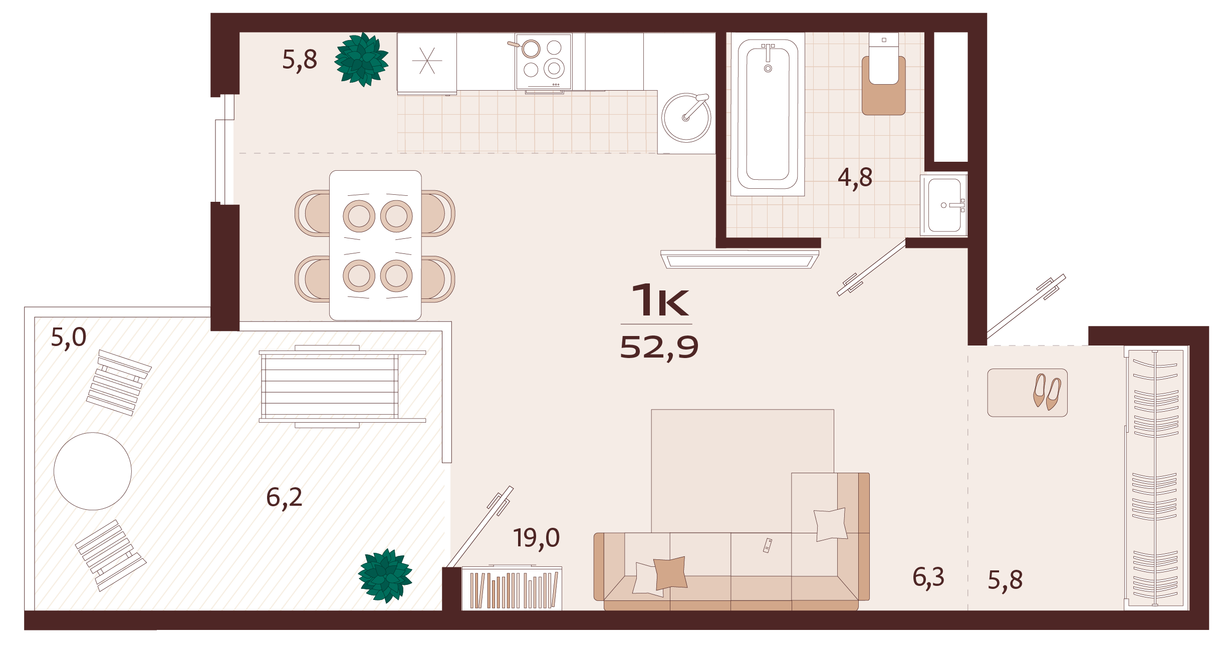 Планировка: 1-комнатная в ЖК «Роялта», 46,3 м², №39