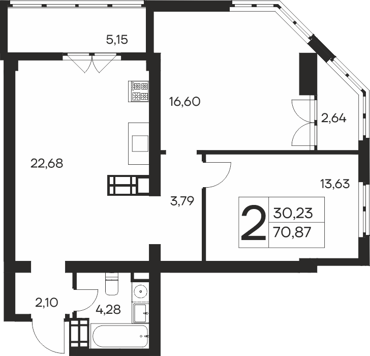 Планировка: 2-комнатная в ЖК «Ай-Петри», 70,9 м², №101