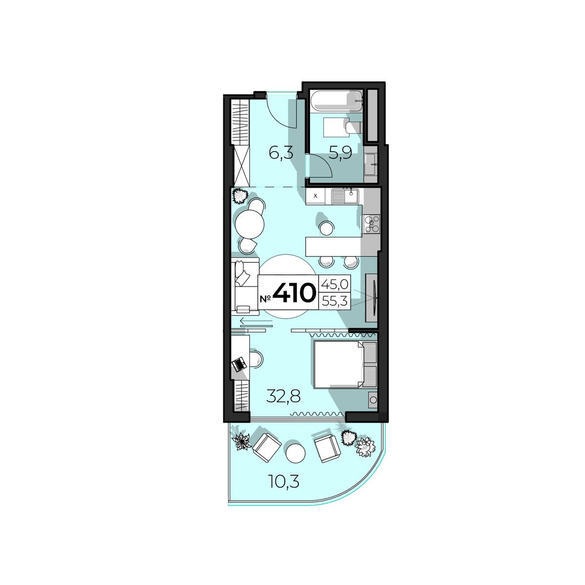 Планировка: 2-комнатная в ЖК «SkyPlaza 5.0», 55,3 м², №410