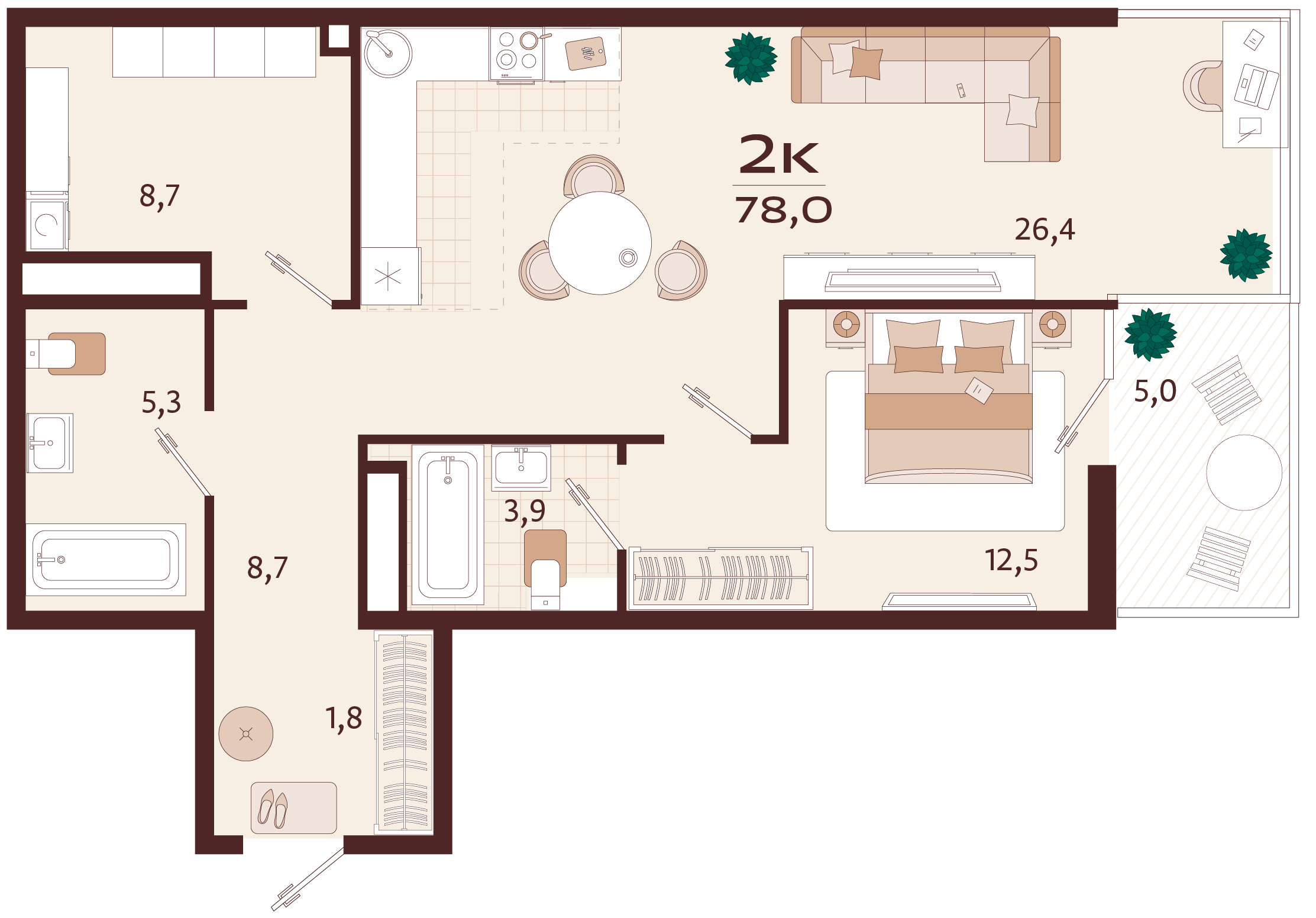 Планировка: 2-комнатная в ЖК «Роялта», 74,5 м², №120