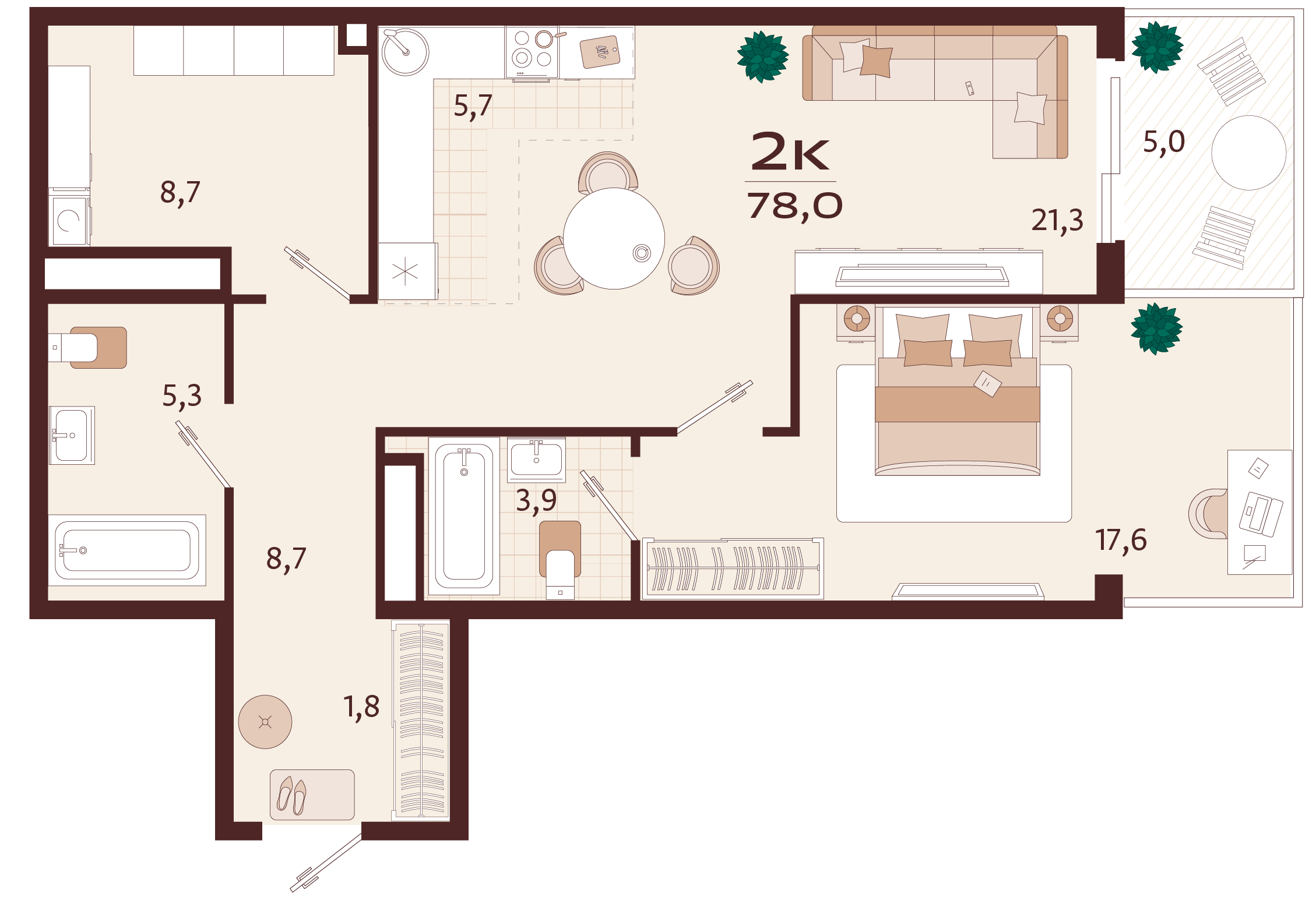 Планировка: 2-комнатная в ЖК «Роялта», 74,5 м², №78