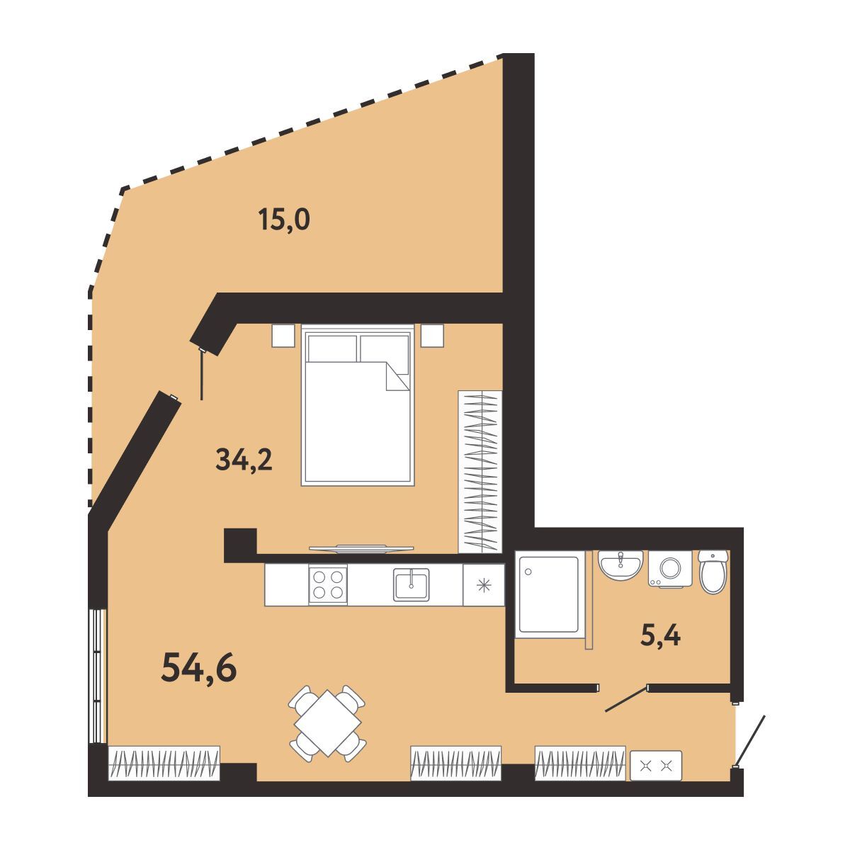 Планировка: 1-комнатная в ЖК «Арт-Ялта», 54,6 м², №424