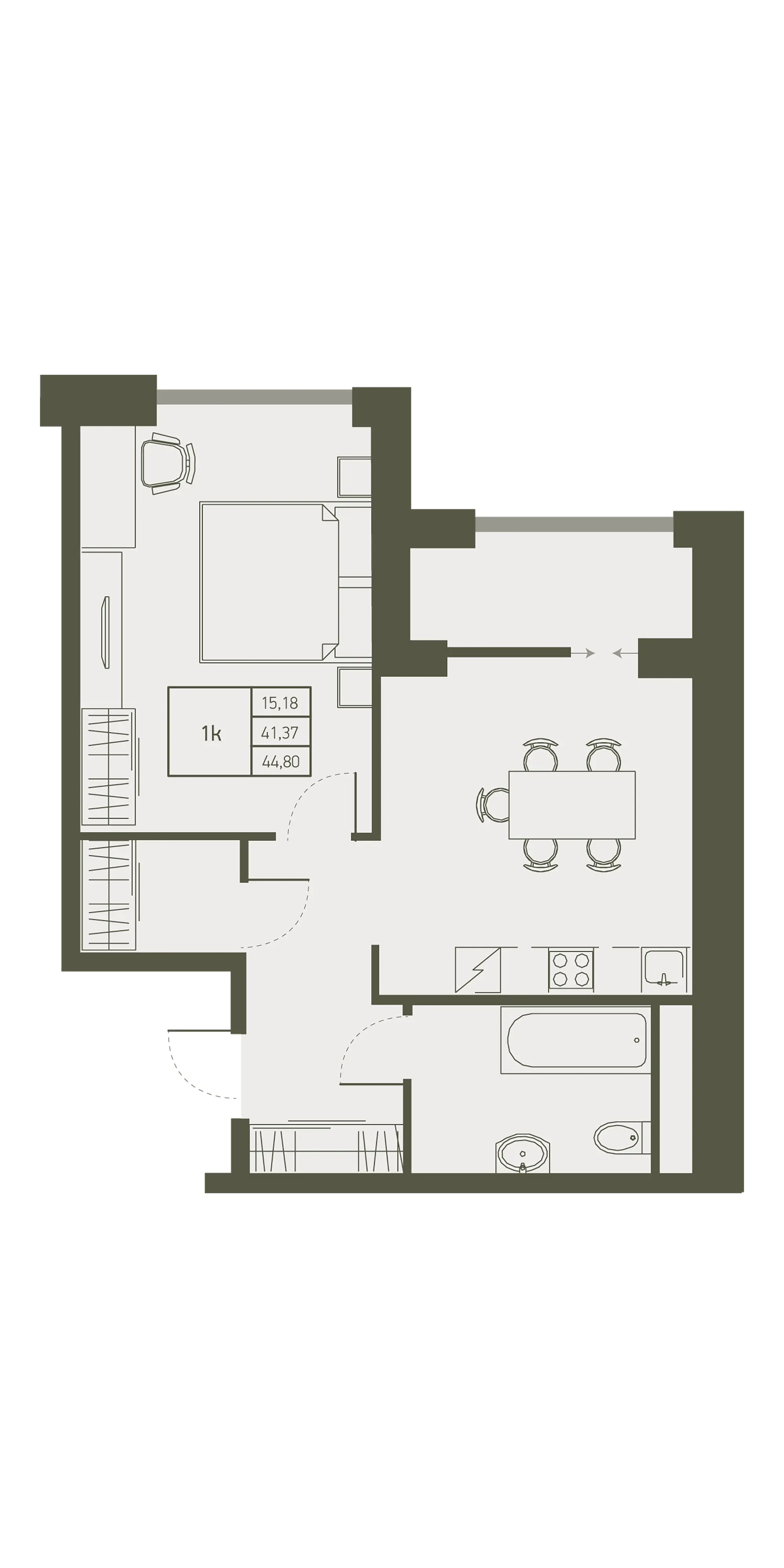 Планировка: 1-комнатная в ЖК «Массандра Парк», 44,6 м², №128