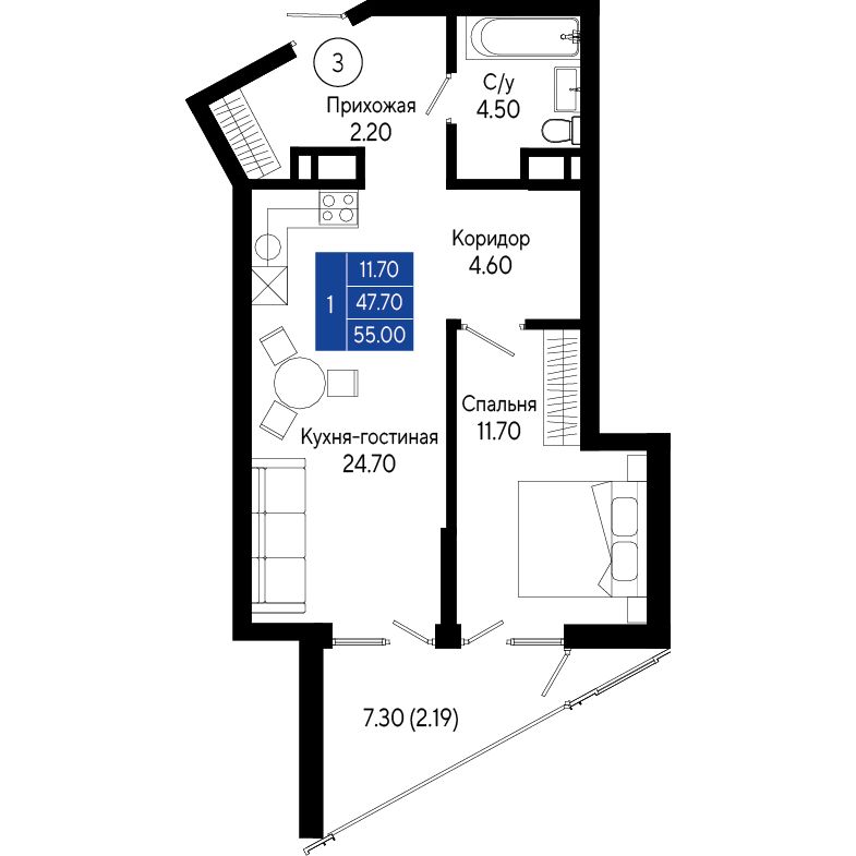 Планировка: 1-комнатная в ЖК «Кировъ», 55 м², №3