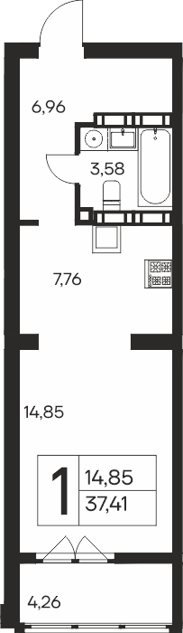Планировка: 1-комнатная в ЖК «Ай-Петри», 37,4 м², №166