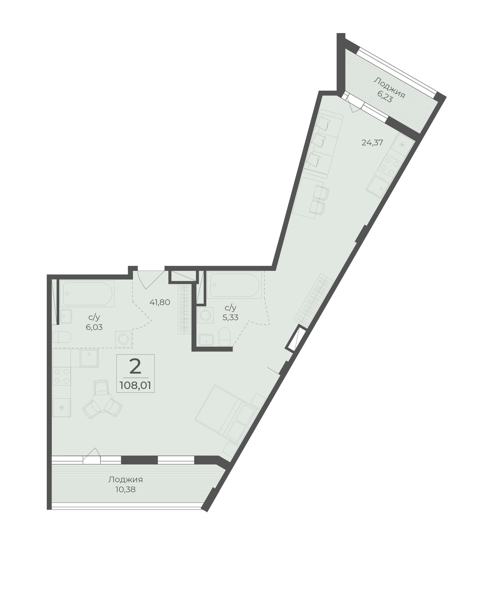 Планировка: 2-комнатная в ЖК «Botanica», 108 м²