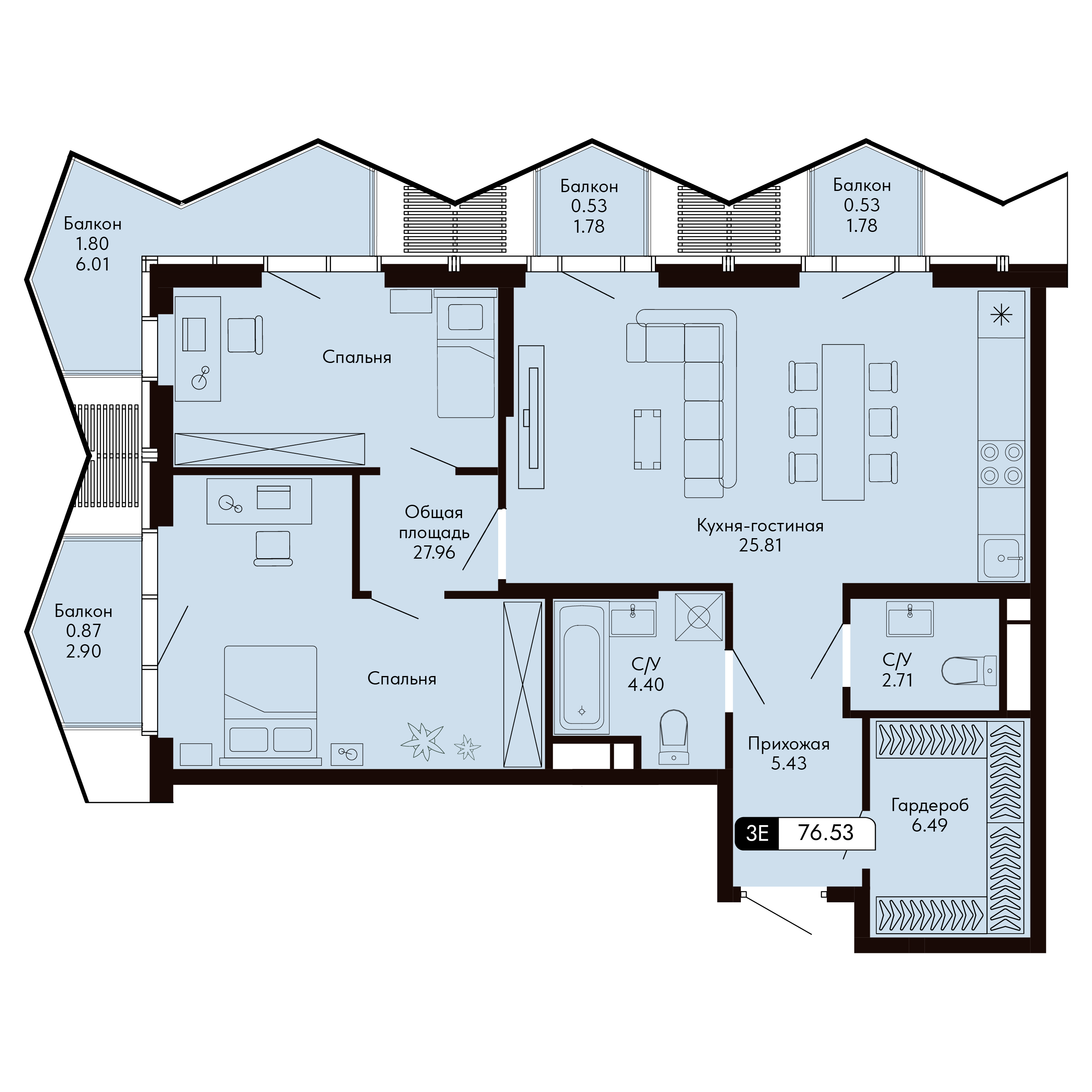Планировка: 3-комнатная в ЖК «Ялтинская Резиденция», 76,5 м², №131