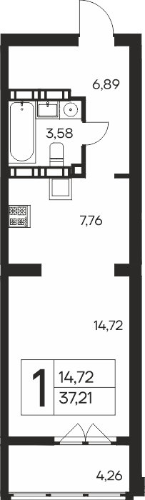 Планировка: 1-комнатная в ЖК «Ай-Петри», 37,2 м², №95