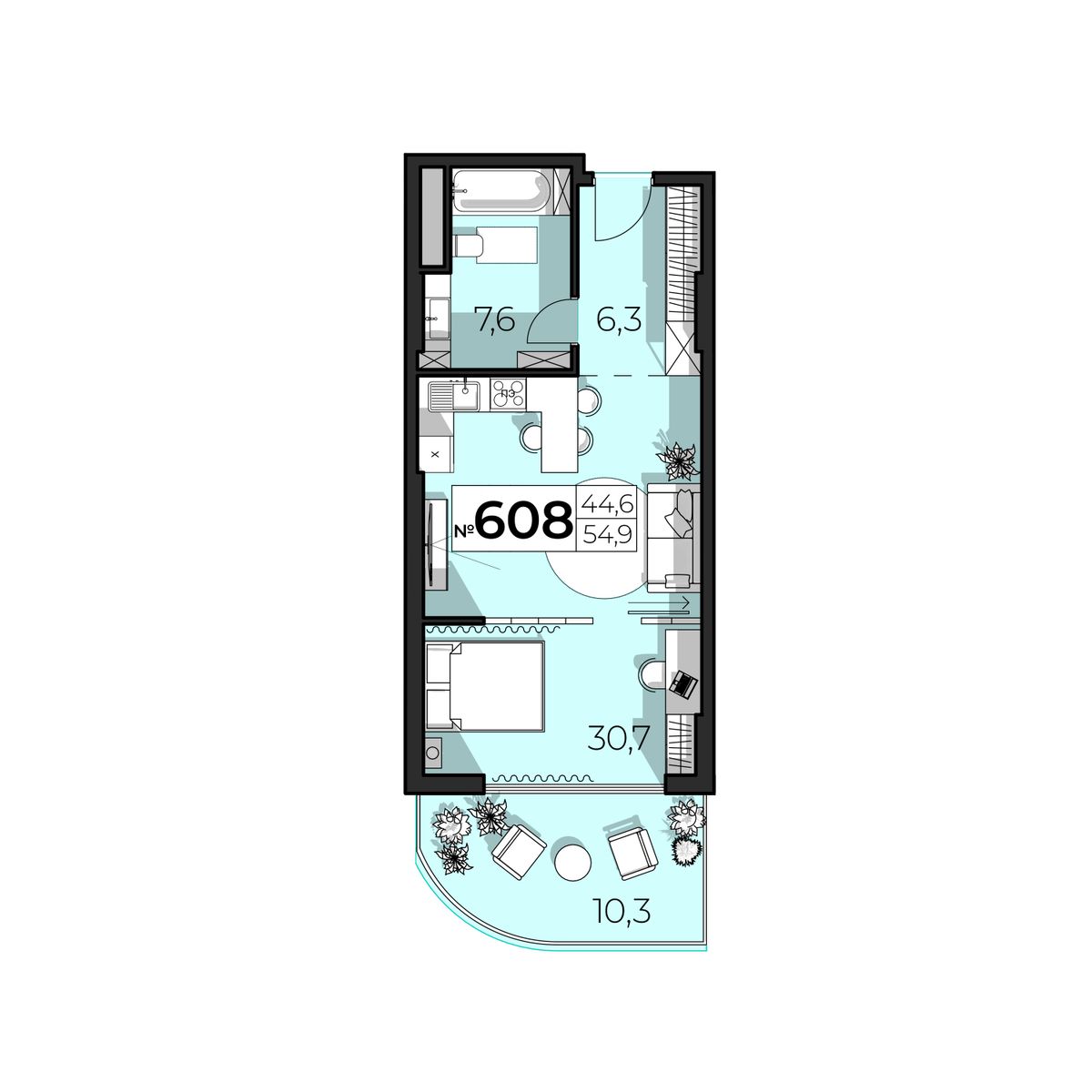 Планировка: 2-комнатная в ЖК «SkyPlaza 5.0», 54,9 м², №608