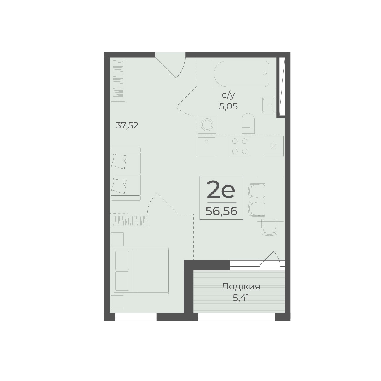 Планировка: 2-комнатная в ЖК «Botanica», 56,6 м²