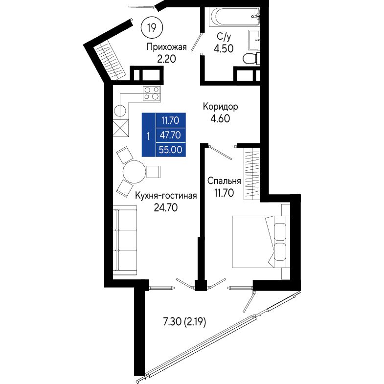 Планировка: 1-комнатная в ЖК «Кировъ», 55 м², №19