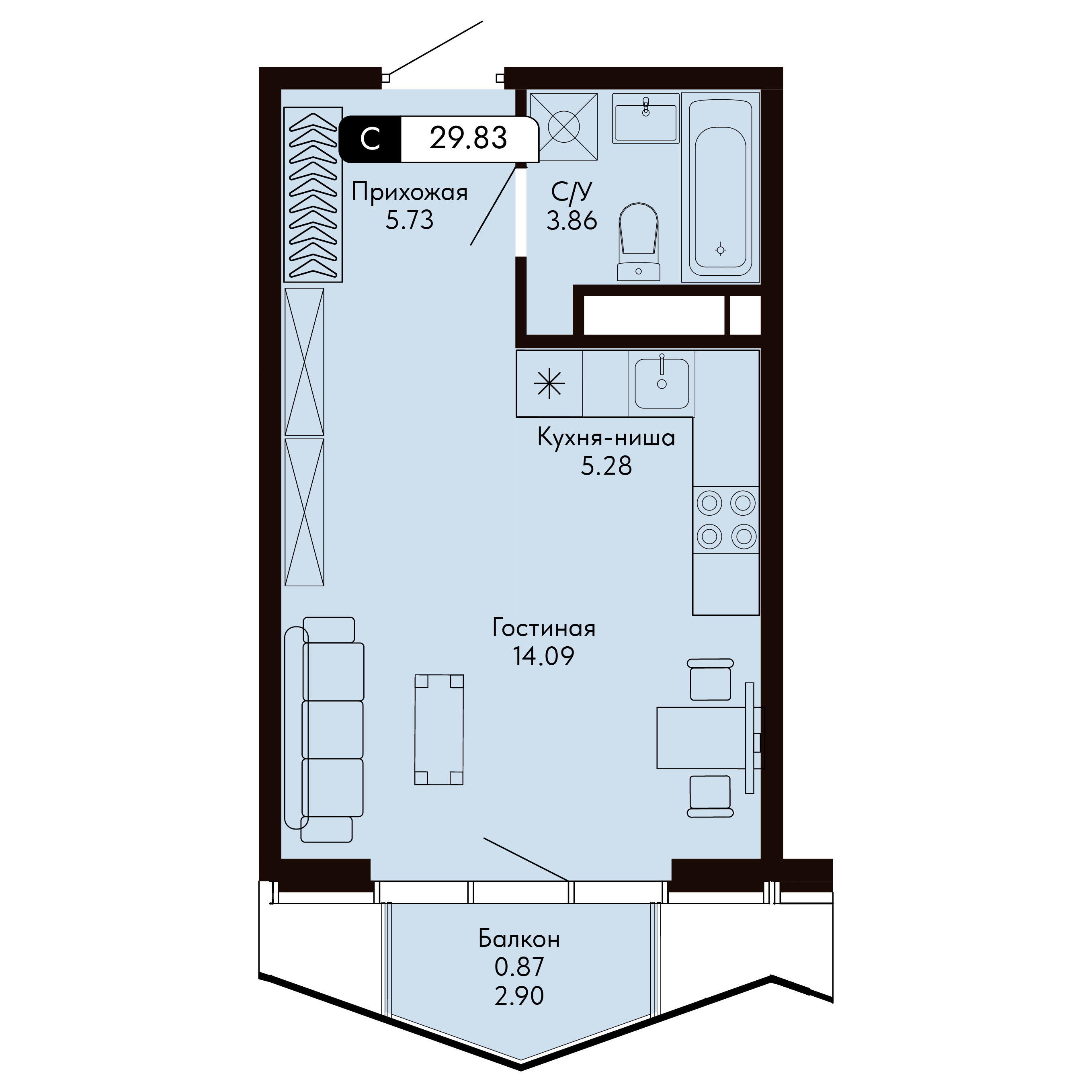 Планировка: Студия в ЖК «Ялтинская Резиденция», 29,8 м², №147