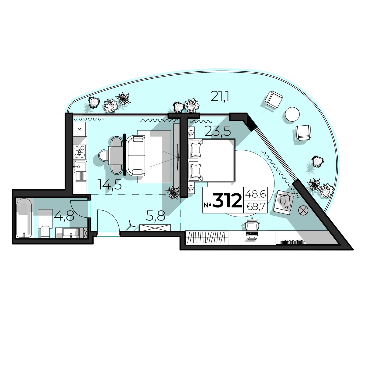 Планировка: 2-комнатная в ЖК «SkyPlaza 5.0», 69,7 м², №312