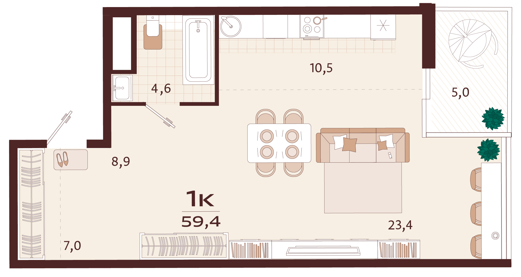 Планировка: 1-комнатная в ЖК «Роялта», 55,9 м², №110