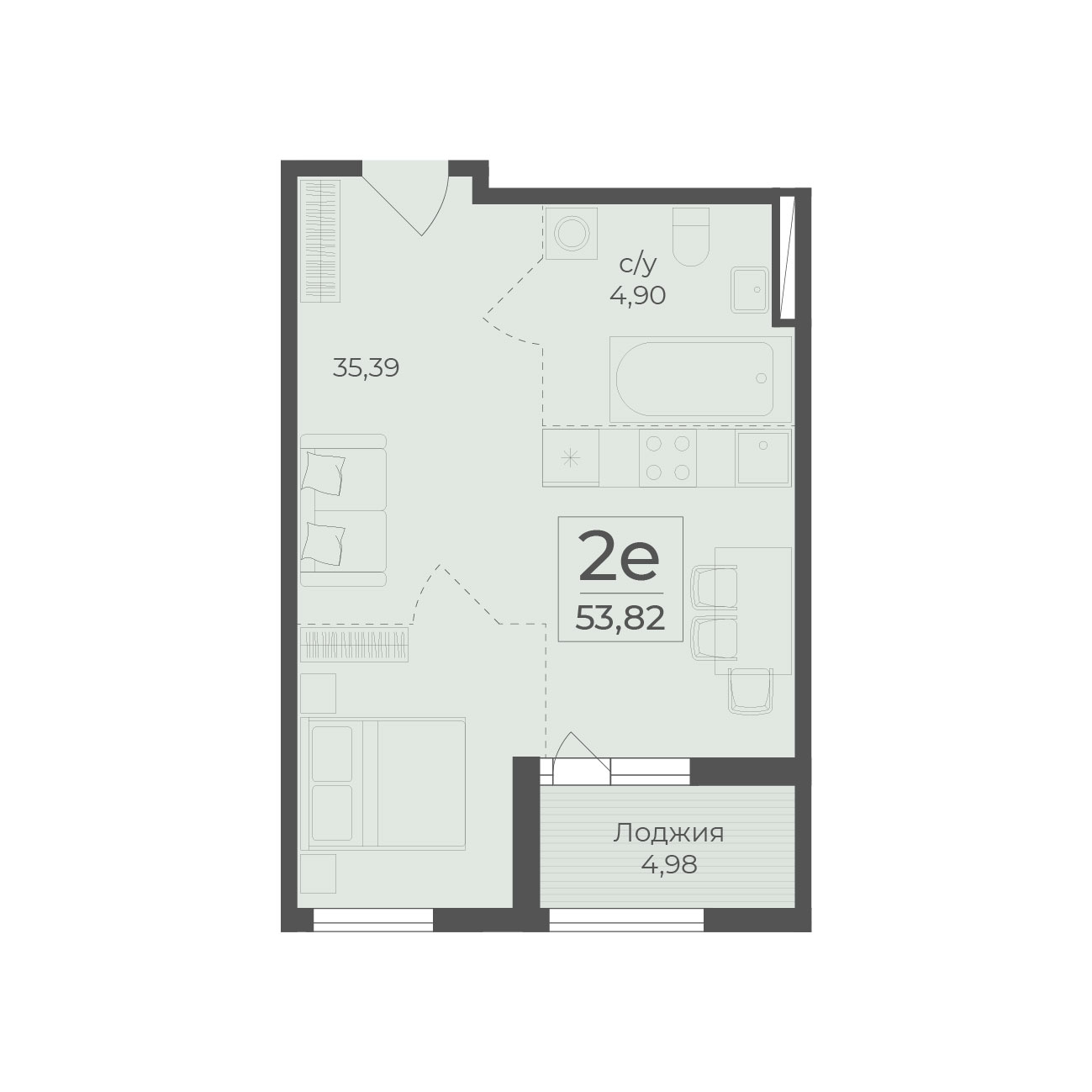 Планировка: 2-комнатная в ЖК «Botanica», 53,8 м²