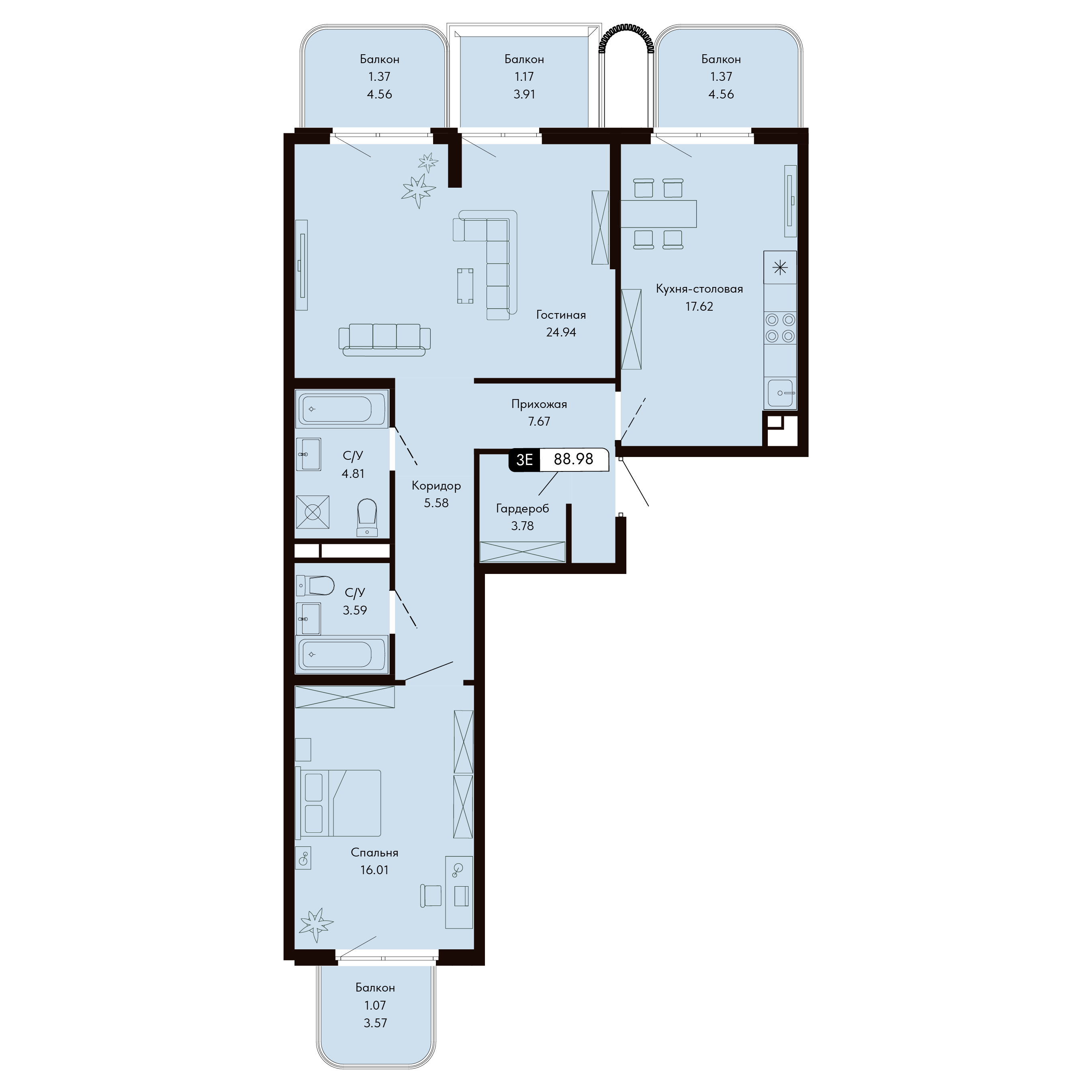 Планировка: 4-комнатная в ЖК «Ялтинская Резиденция», 89 м², №585