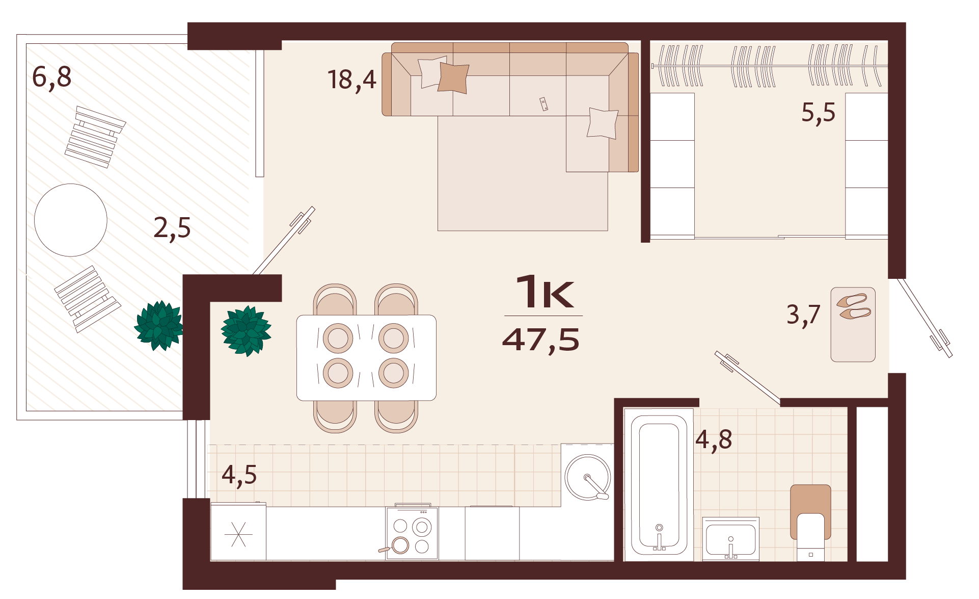 Планировка: 1-комнатная в ЖК «Роялта», 41,5 м², №70