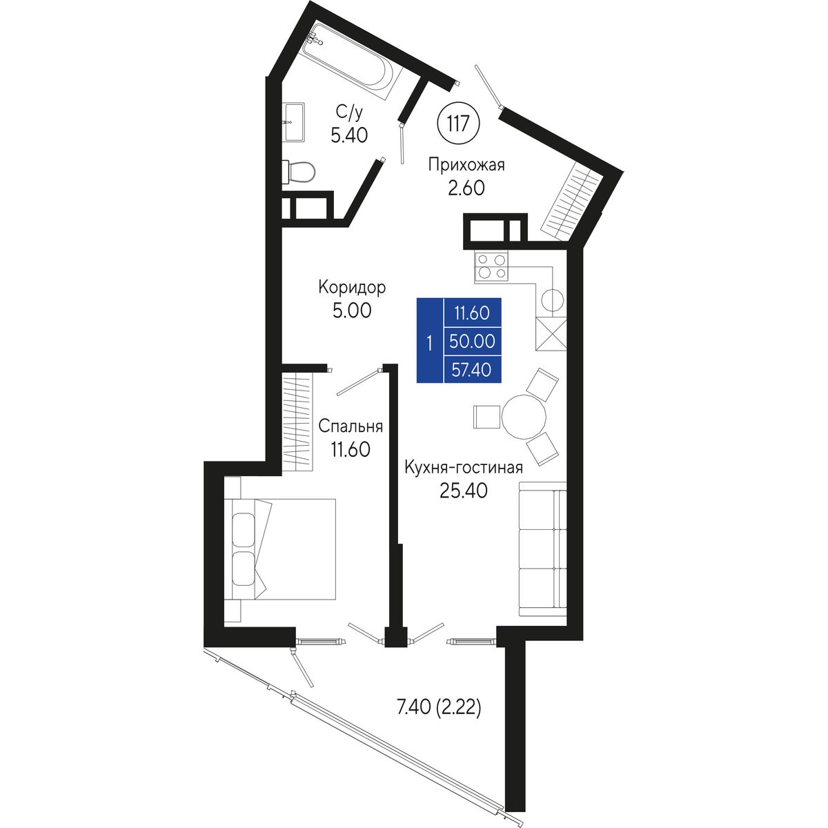 Планировка: 1-комнатная в ЖК «Кировъ», 57,4 м², №117
