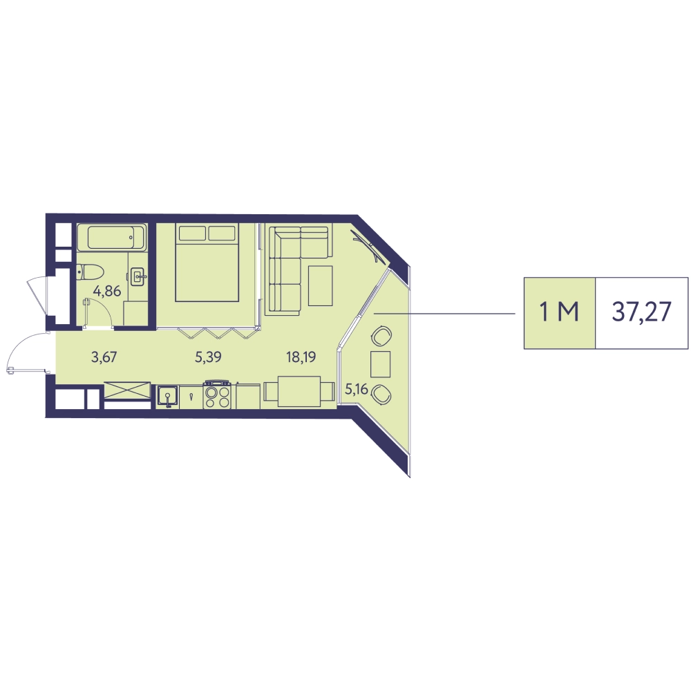 Планировка: 1-комнатная в ЖК «Новая Ливадия», 37,3 м²