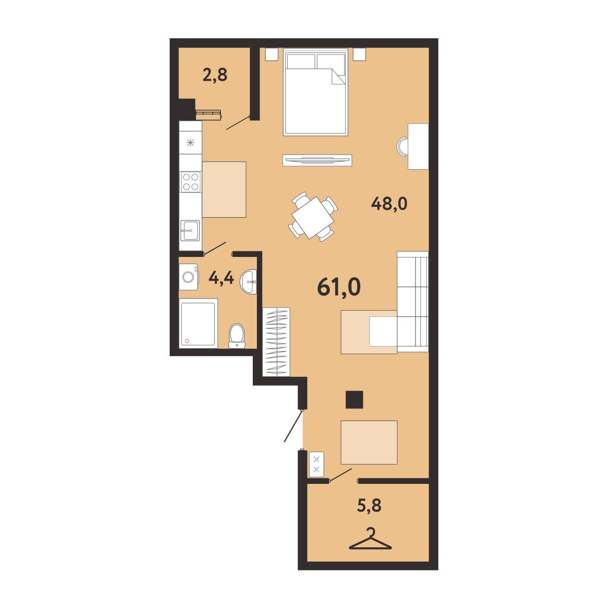 Планировка: 1-комнатная в ЖК «Арт-Ялта», 61 м², №705