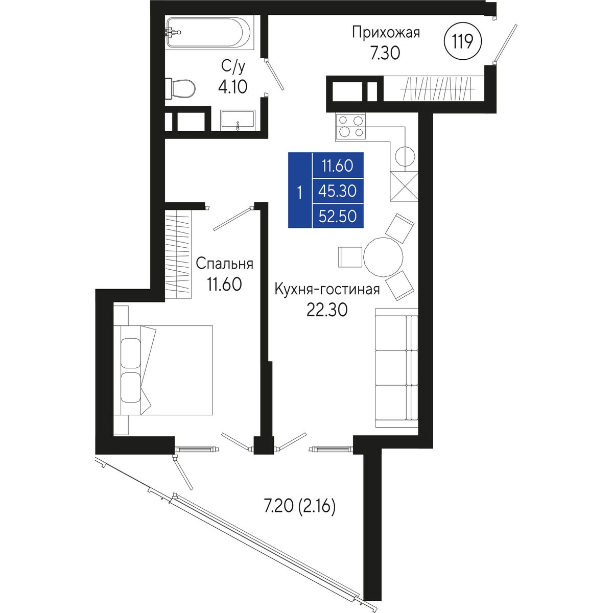 Планировка: 1-комнатная в ЖК «Кировъ», 52,5 м², №119