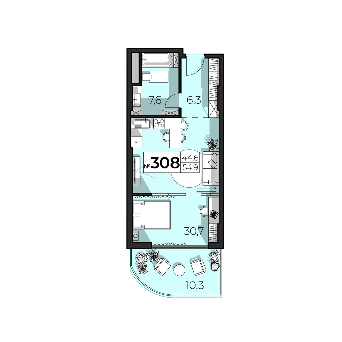 Планировка: 2-комнатная в ЖК «SkyPlaza 5.0», 54,9 м², №308