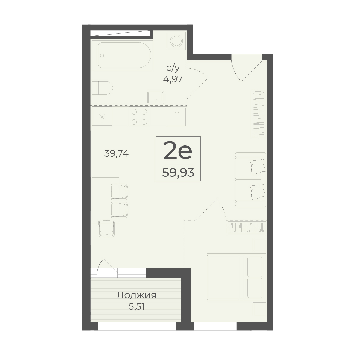 Планировка: 2-комнатная в ЖК «Botanica», 59,9 м²