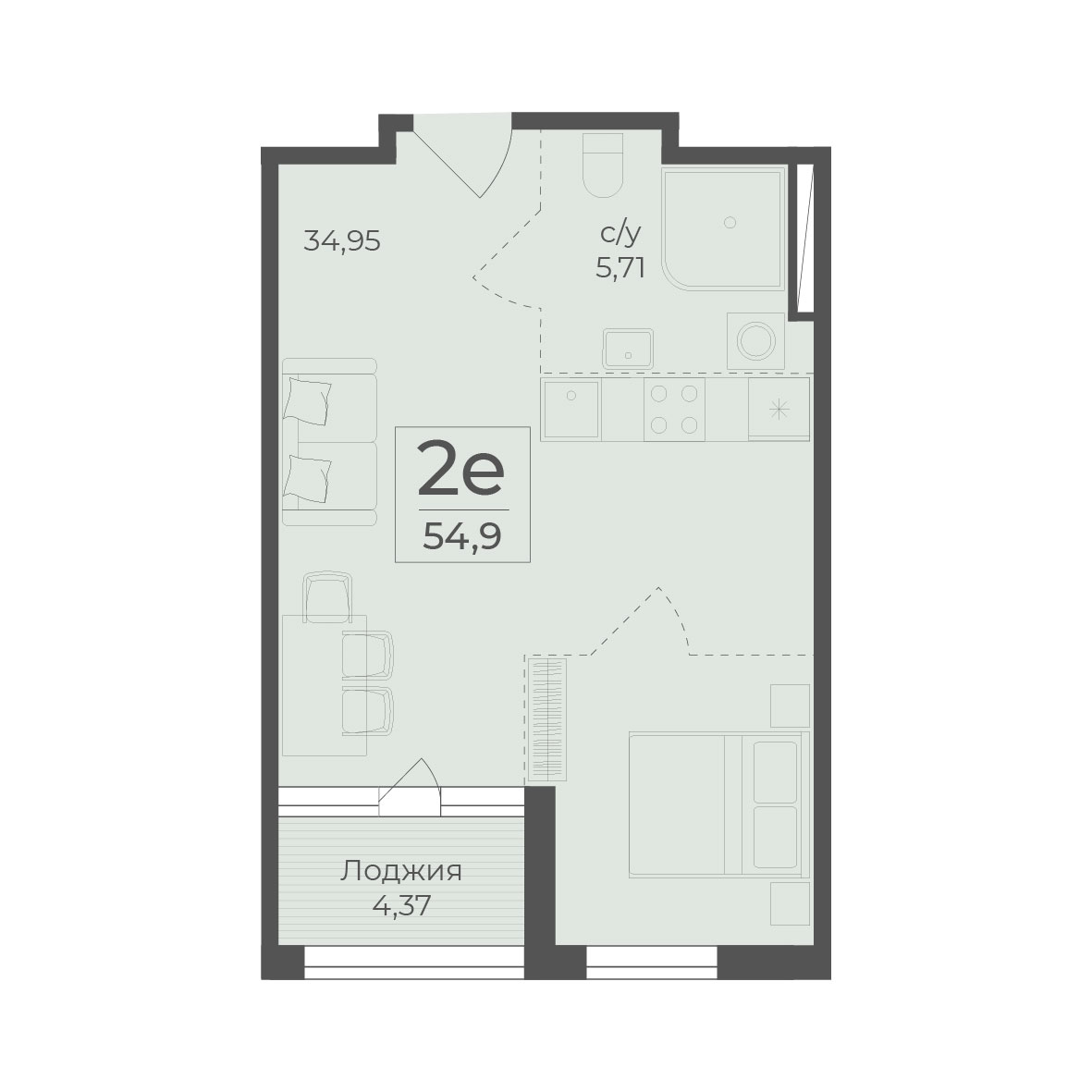 Планировка: 2-комнатная в ЖК «Botanica», 54,9 м²