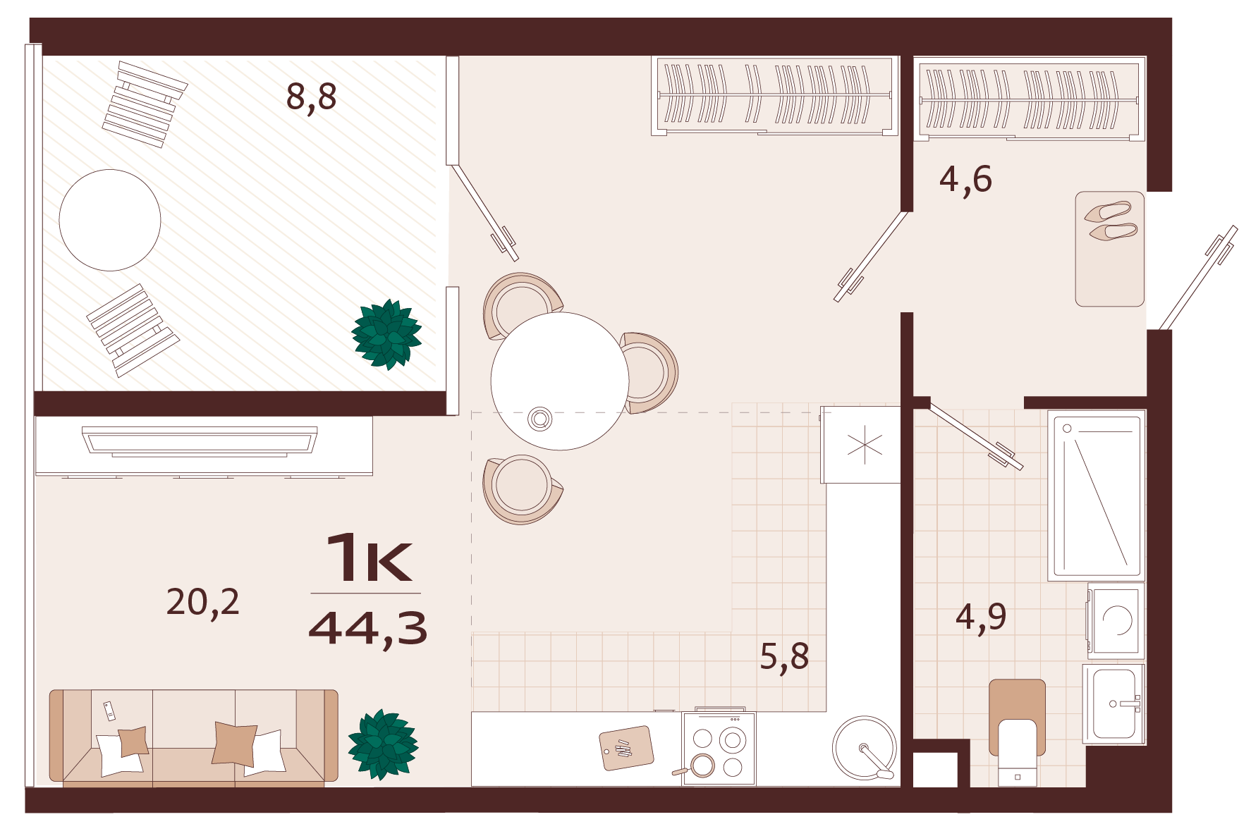 Планировка: 1-комнатная в ЖК «Роялта», 39,9 м², №166