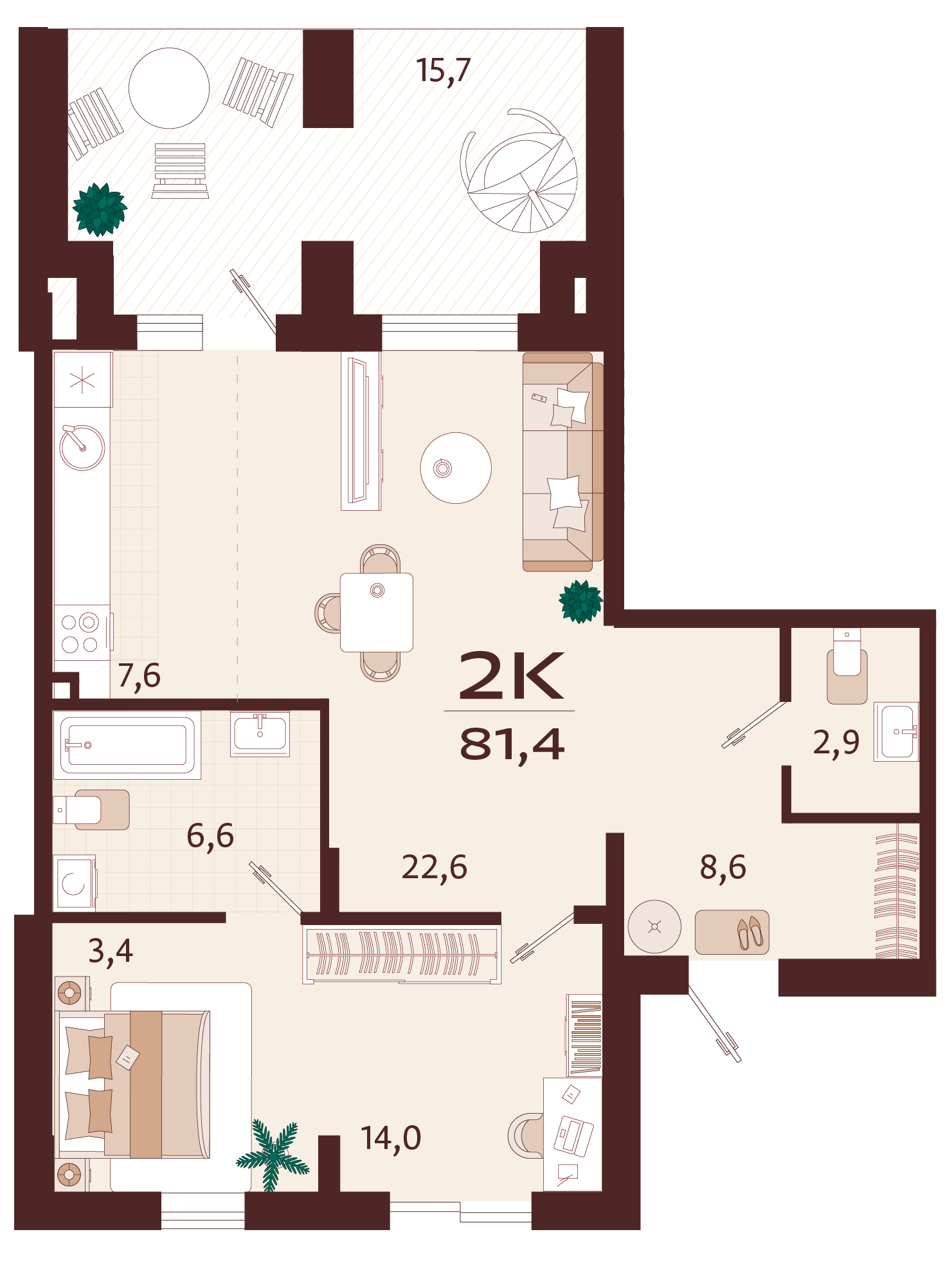 Планировка: 2-комнатная в ЖК «Роялта», 70,4 м², №5К3