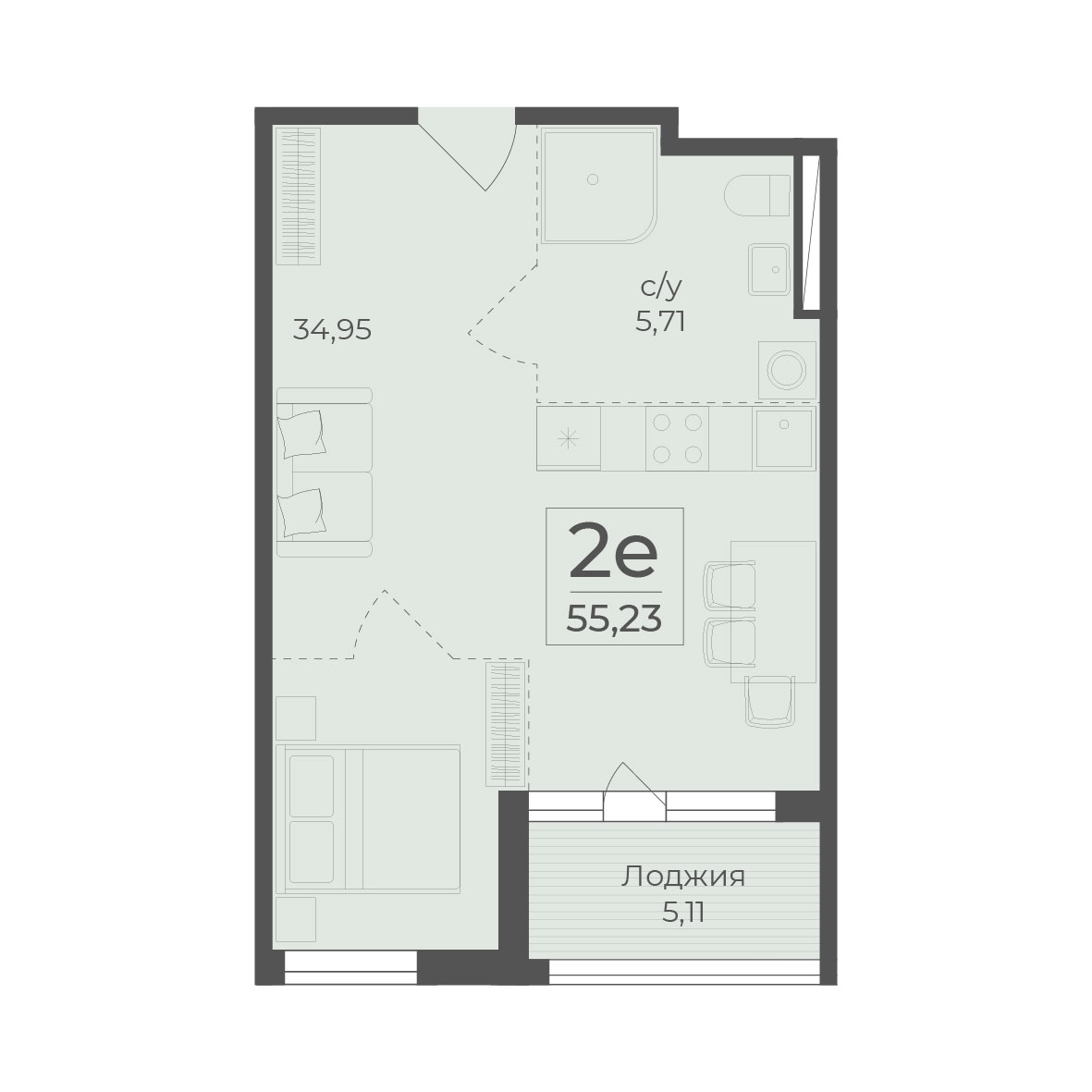 Планировка: 2-комнатная в ЖК «Botanica», 55,2 м²