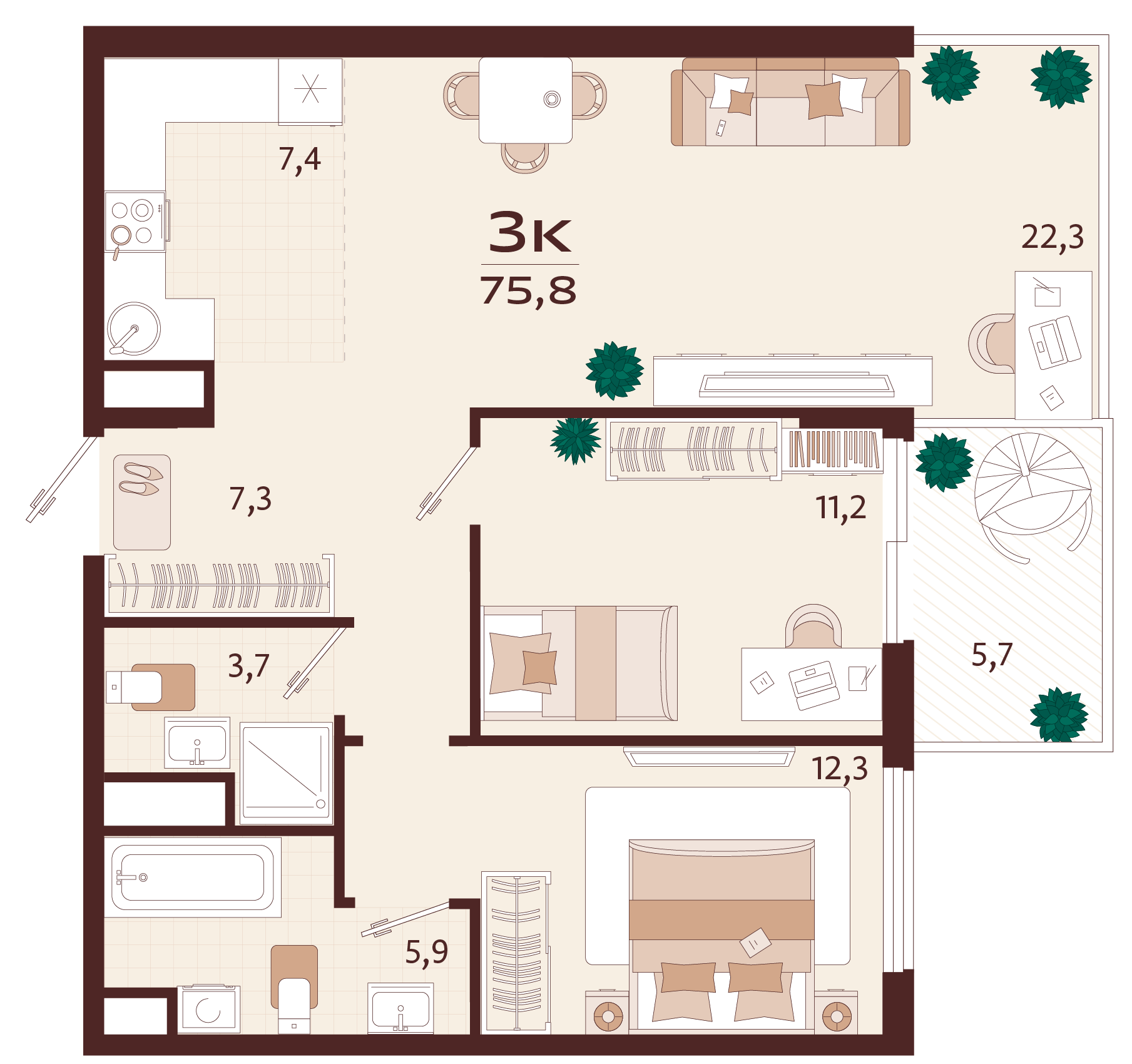Планировка: 3-комнатная в ЖК «Роялта», 71,8 м², №135