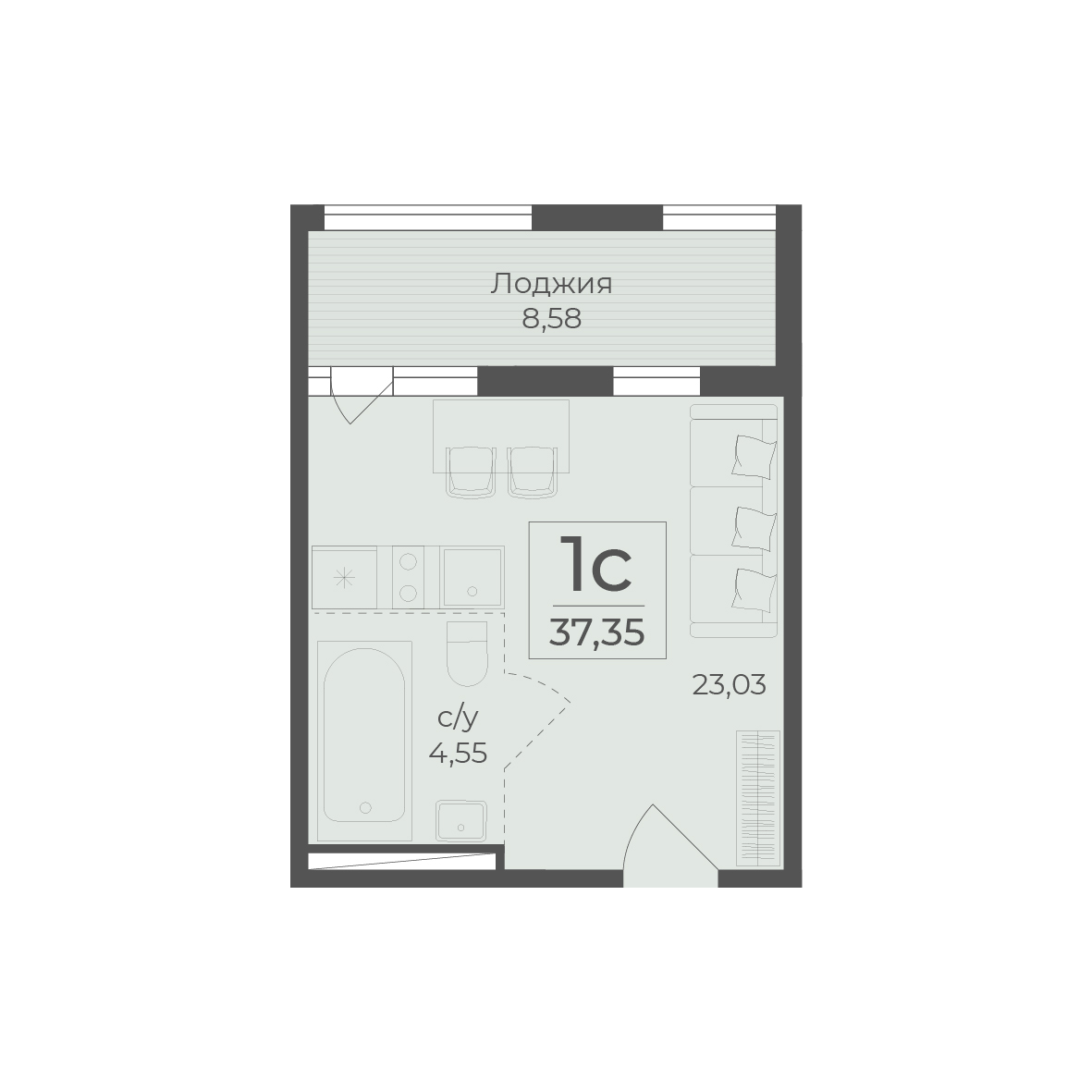 Планировка: 1-комнатная в ЖК «Botanica», 37,4 м²