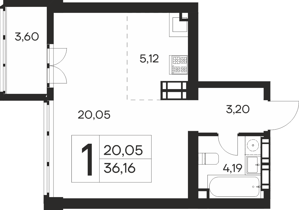 Планировка: 1-комнатная в ЖК «Ай-Петри», 36,2 м², №159