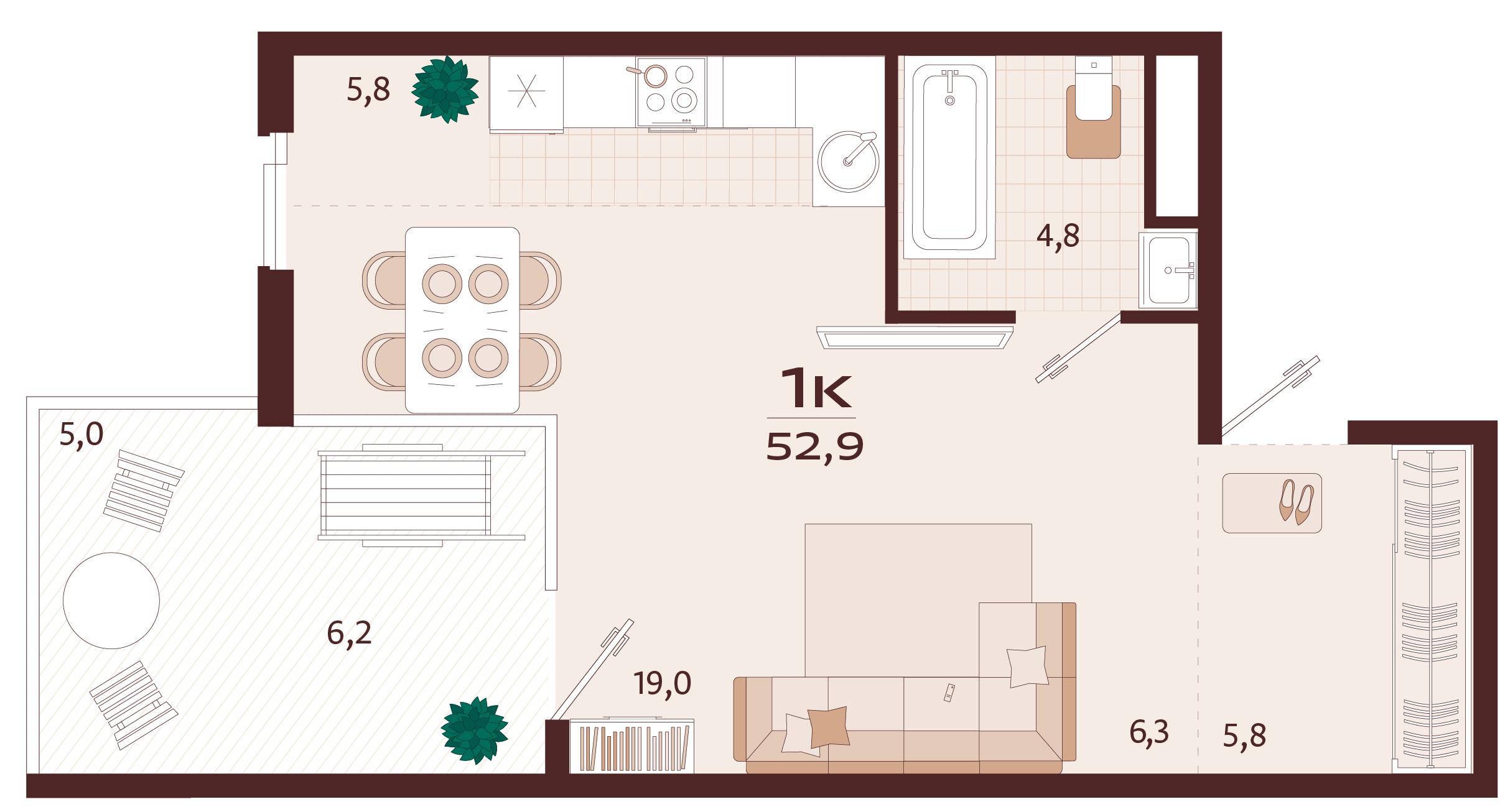 Планировка: 1-комнатная в ЖК «Роялта», 46,3 м², №75