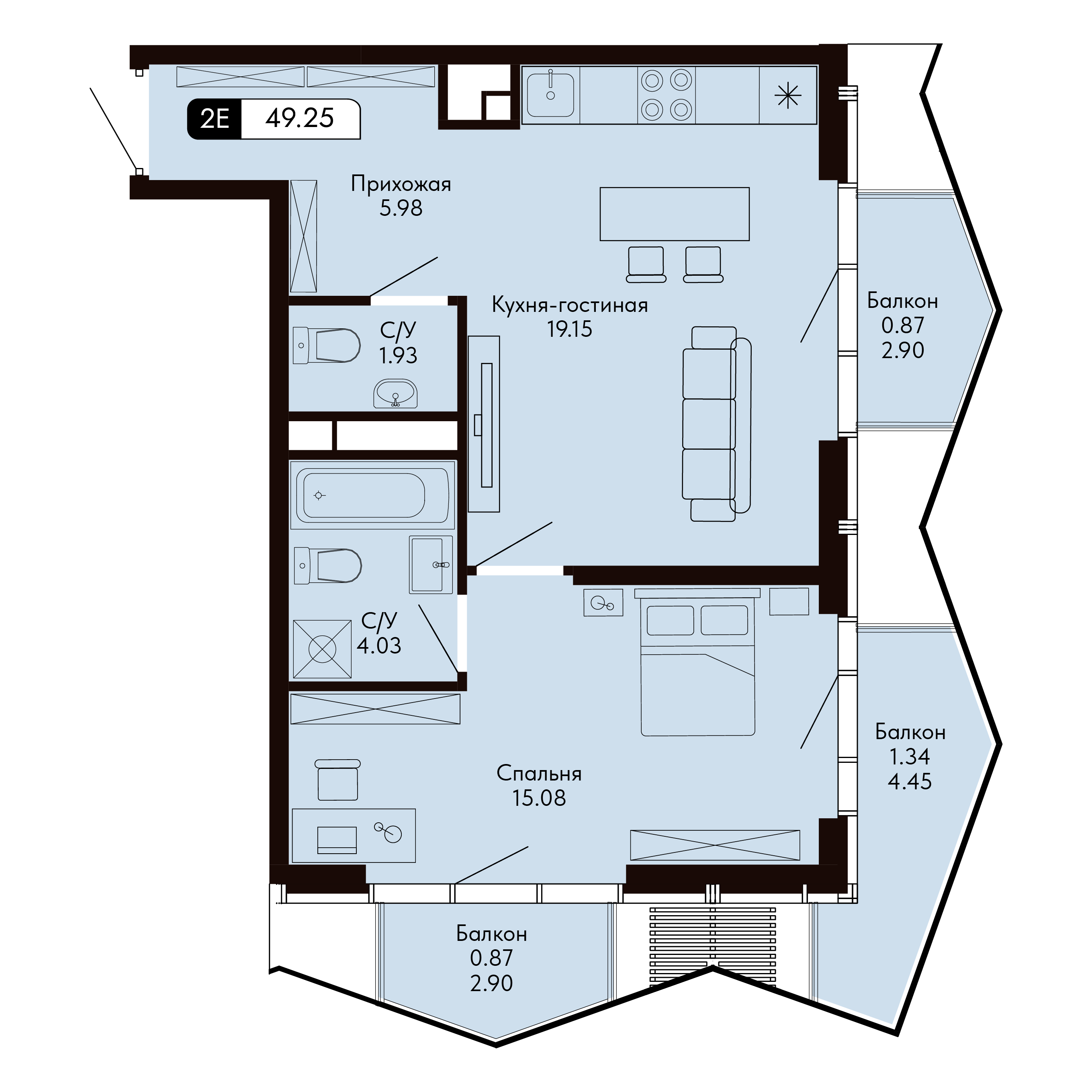 Планировка: 2-комнатная в ЖК «Ялтинская Резиденция», 49,2 м², №124