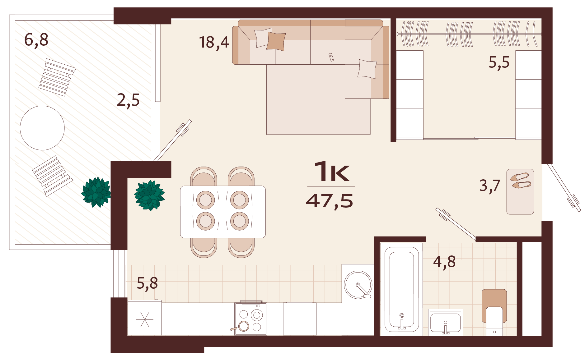 Планировка: 1-комнатная в ЖК «Роялта», 41,5 м², №106